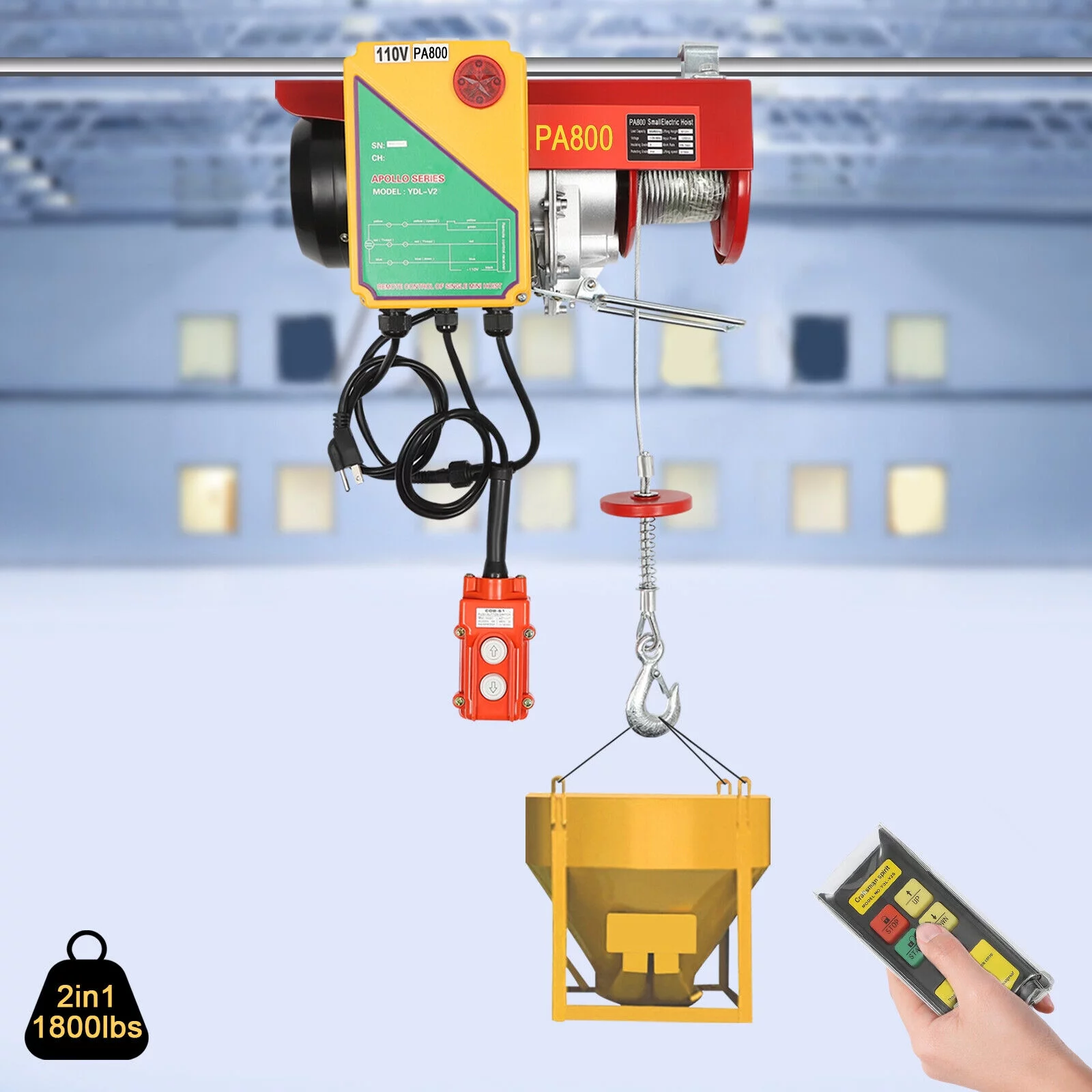 Automatic Electric Cable Hoist, Wireless Remote Control, 110V 1450W Overhead Pulley Winch with Towing Sling, 39 ft Cable Length, Electric Winch for Garage, Warehouse, Construction, Farm