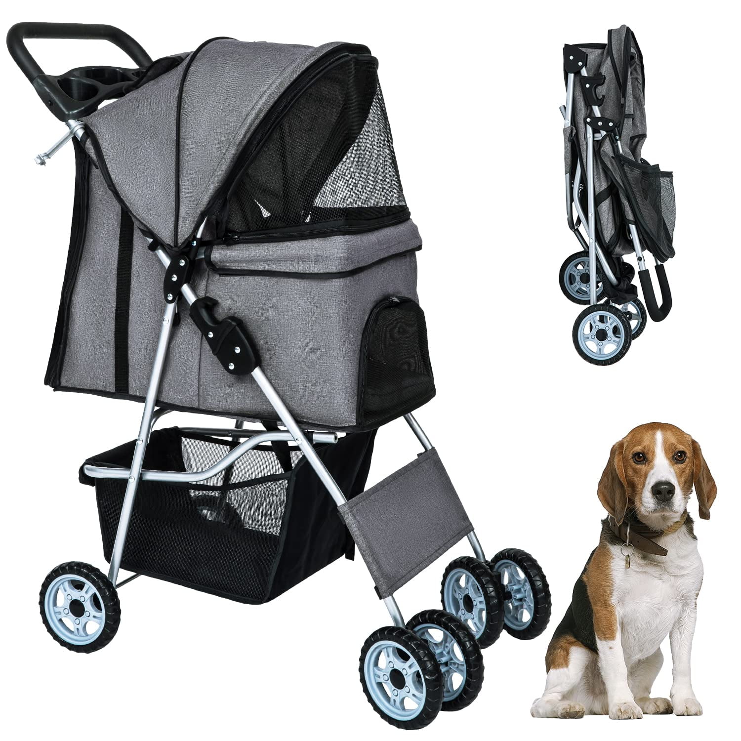 YRLLENSDAN 4 Wheels Pet Stroller for Medium Dogs, Dog Stroller Small Dogs with Cup Holder Foldable Pet Gear Pet Carriers with Wheels Cat Stroller