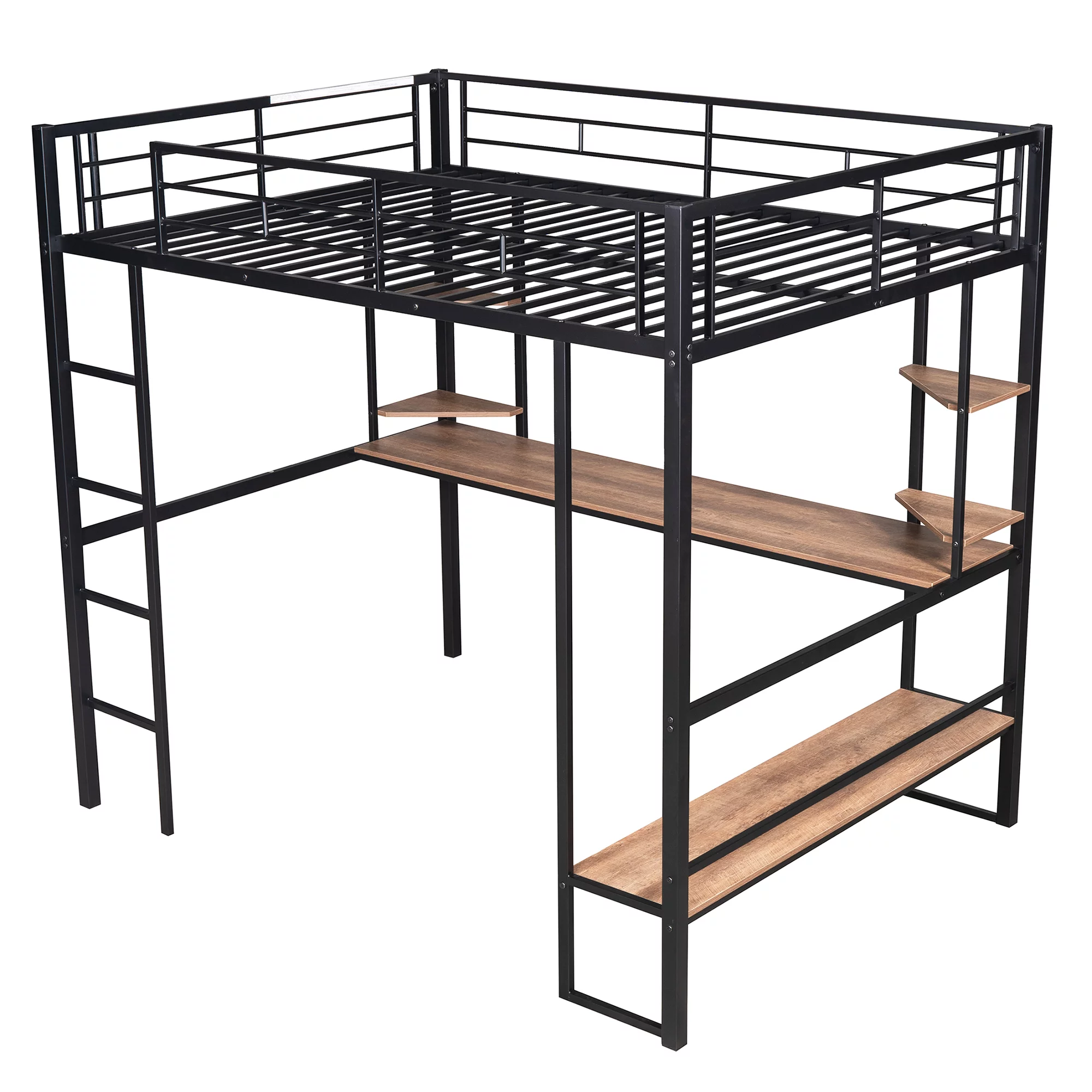Euroco Full Size Loft Bed with Desk and Shelf, Space Saving Metal Bed, Black