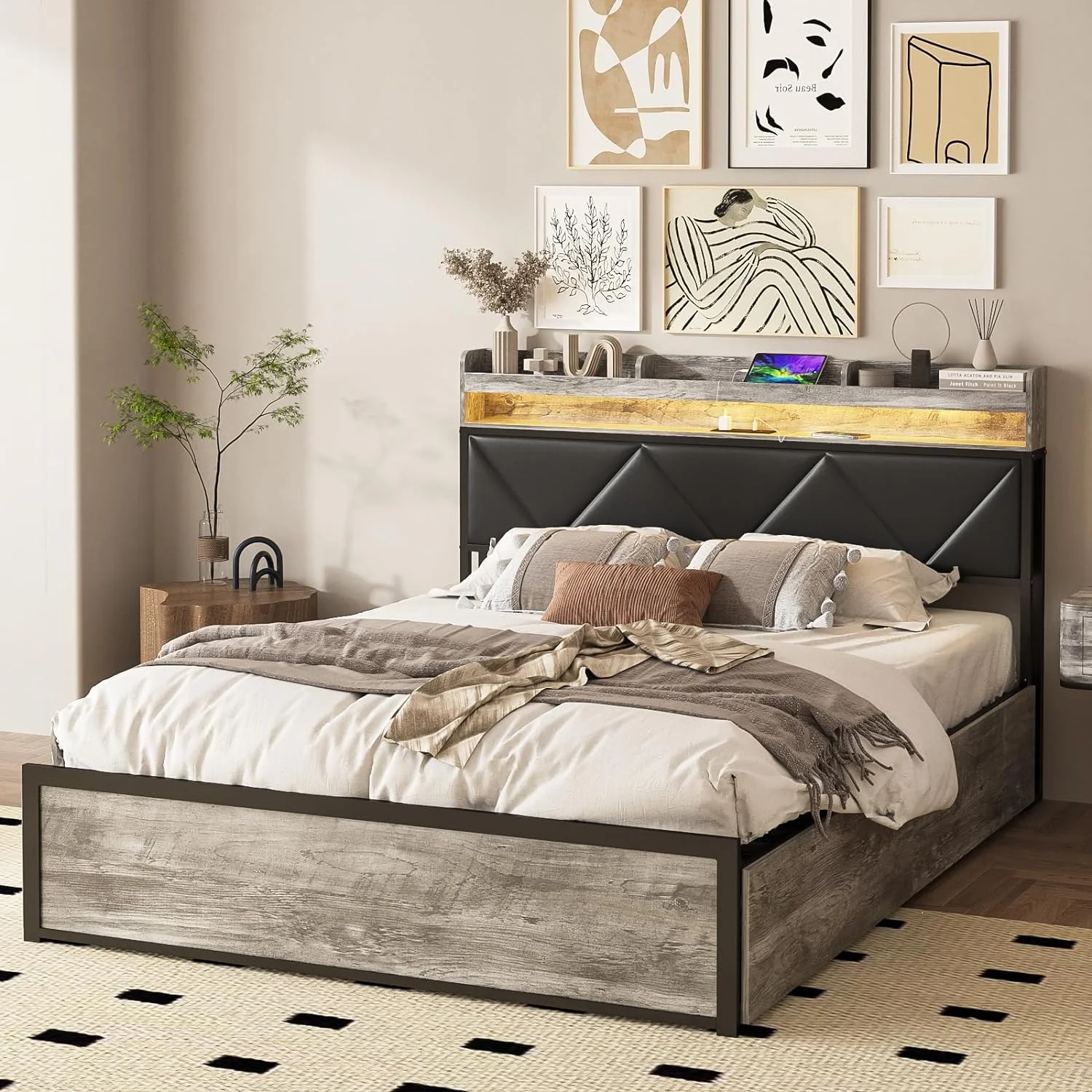 YZboomLife Full Size Led Bed Frame with Charging Station and 4  Drawers  Metal Platform Bed  Upholstered Headboard with 3 Shelves  No Box Spring Needed  Easy Assembly  Gray