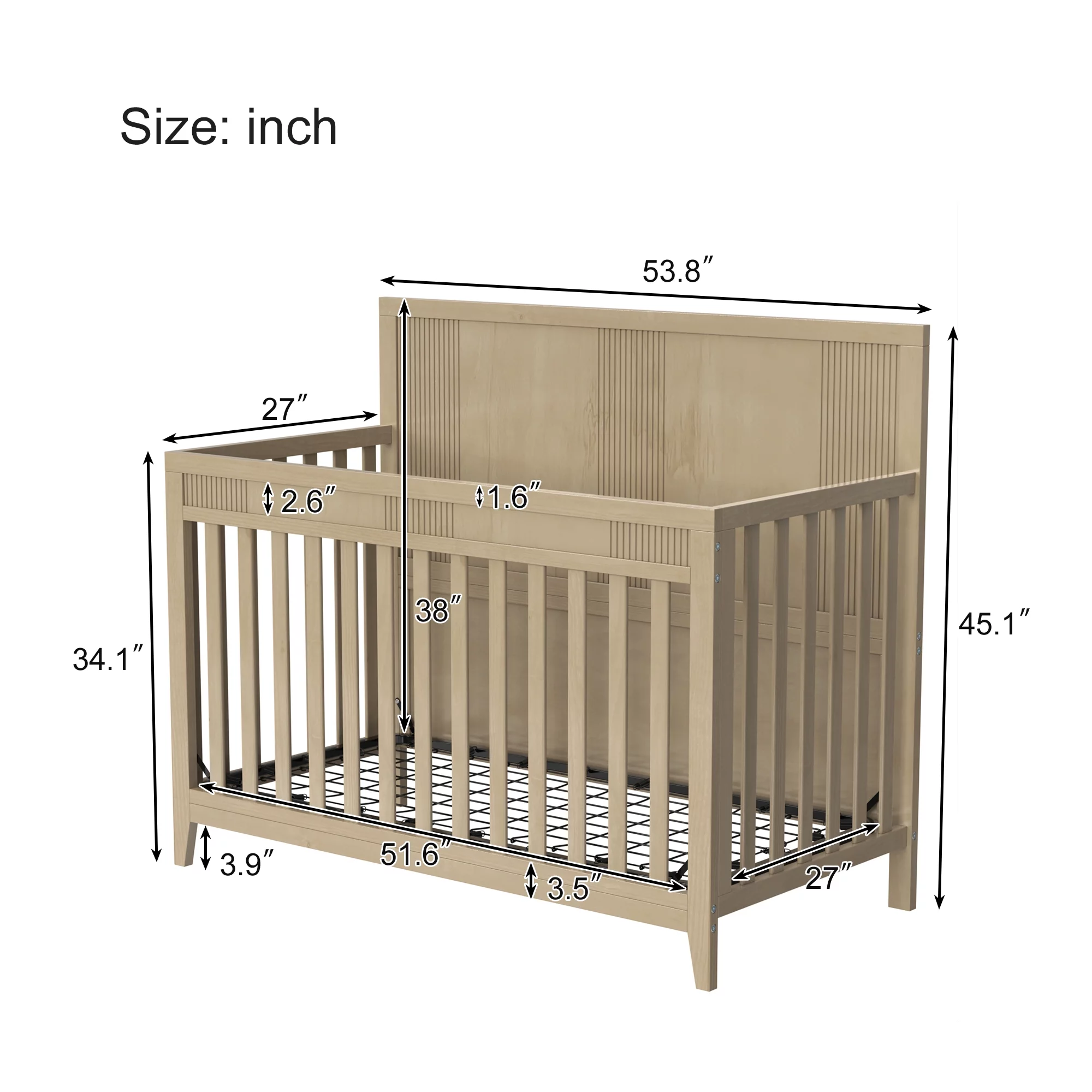 HSUNNS 4-in-1 Convertible Crib, Rustic Farmhouse Style, Certified Baby Safe Crib, Converts from Baby Crib to Toddler Bed, Daybed, and Full-Size Bed, 3 Adjustable Mattress Heights, Natural Wood