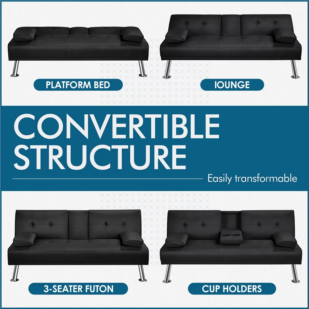Topeakmart Convertible Futon Sofa Bed Tufted Fabric Futon Couch Bed with 2 Cup Holders, Black