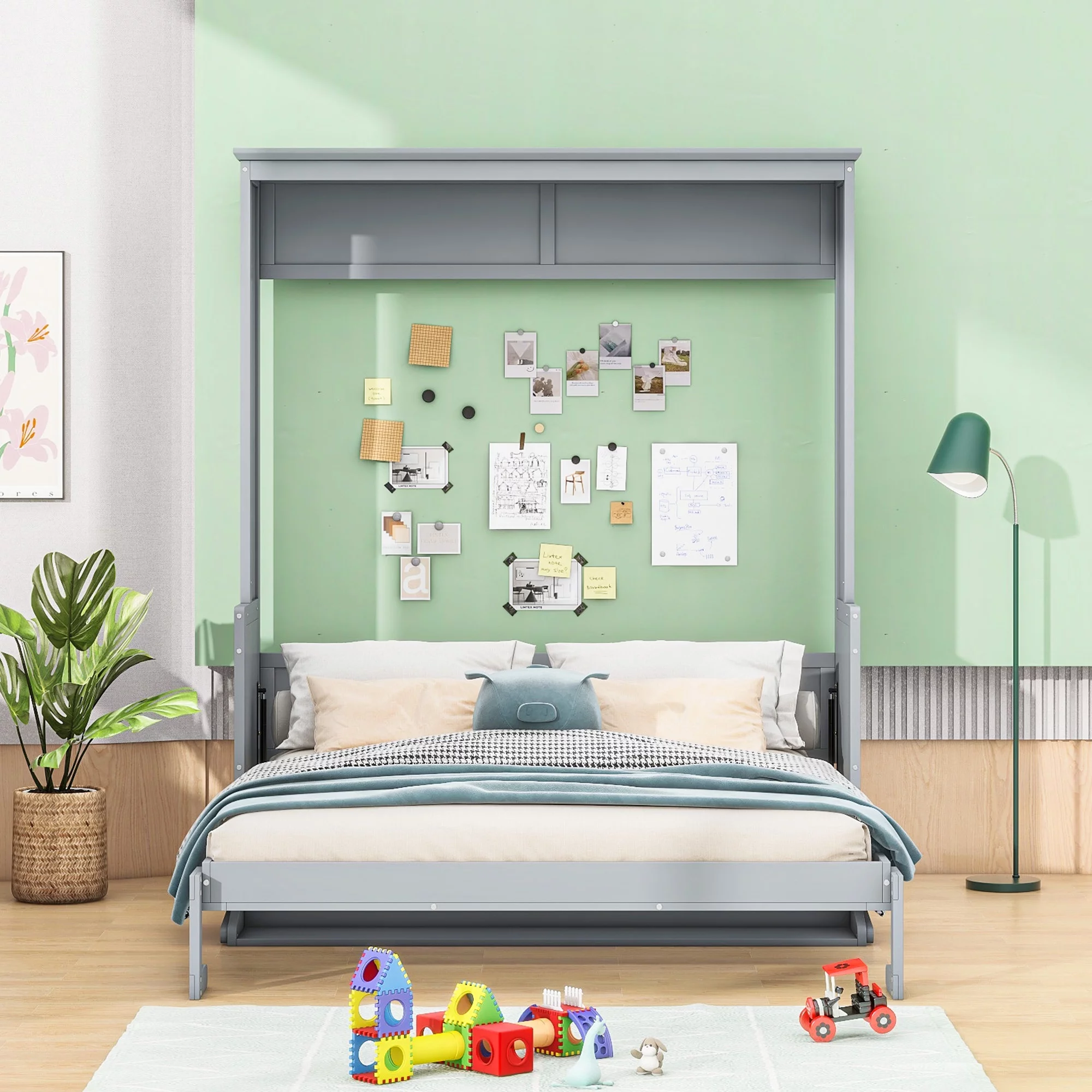 Euroco Queen Size Murphy Bed with Desk and Shelf, Convertible Wall Bed into a Cabinet for Living Room, Guests Room, Space-Saving & Easy Open and Close, Gray