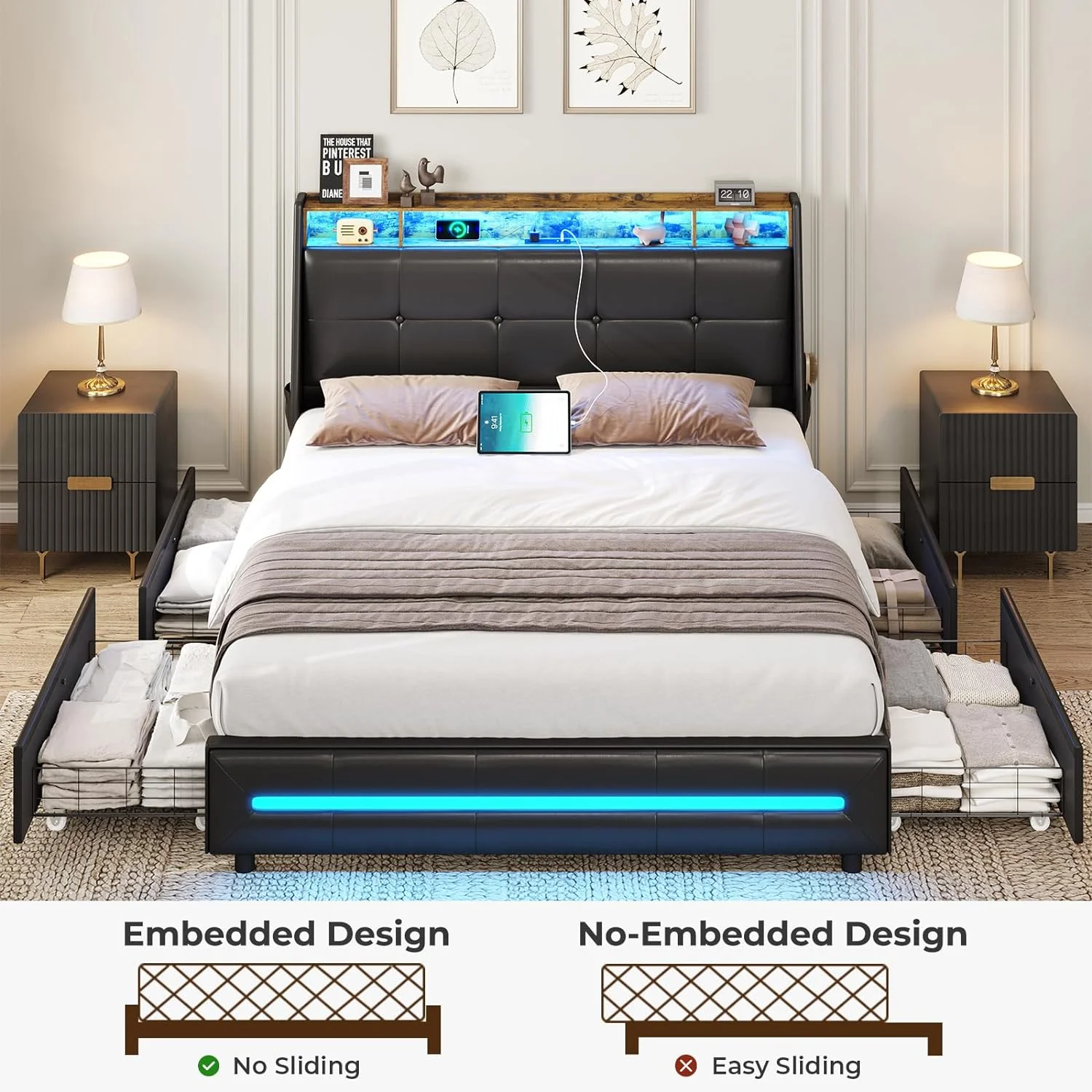 Queen Bed Frame with Storage Headboard and Drawers, Bed Frame with LED Light and Charging Station, Wooden Slats, PU Leather,No Box Spring Needed