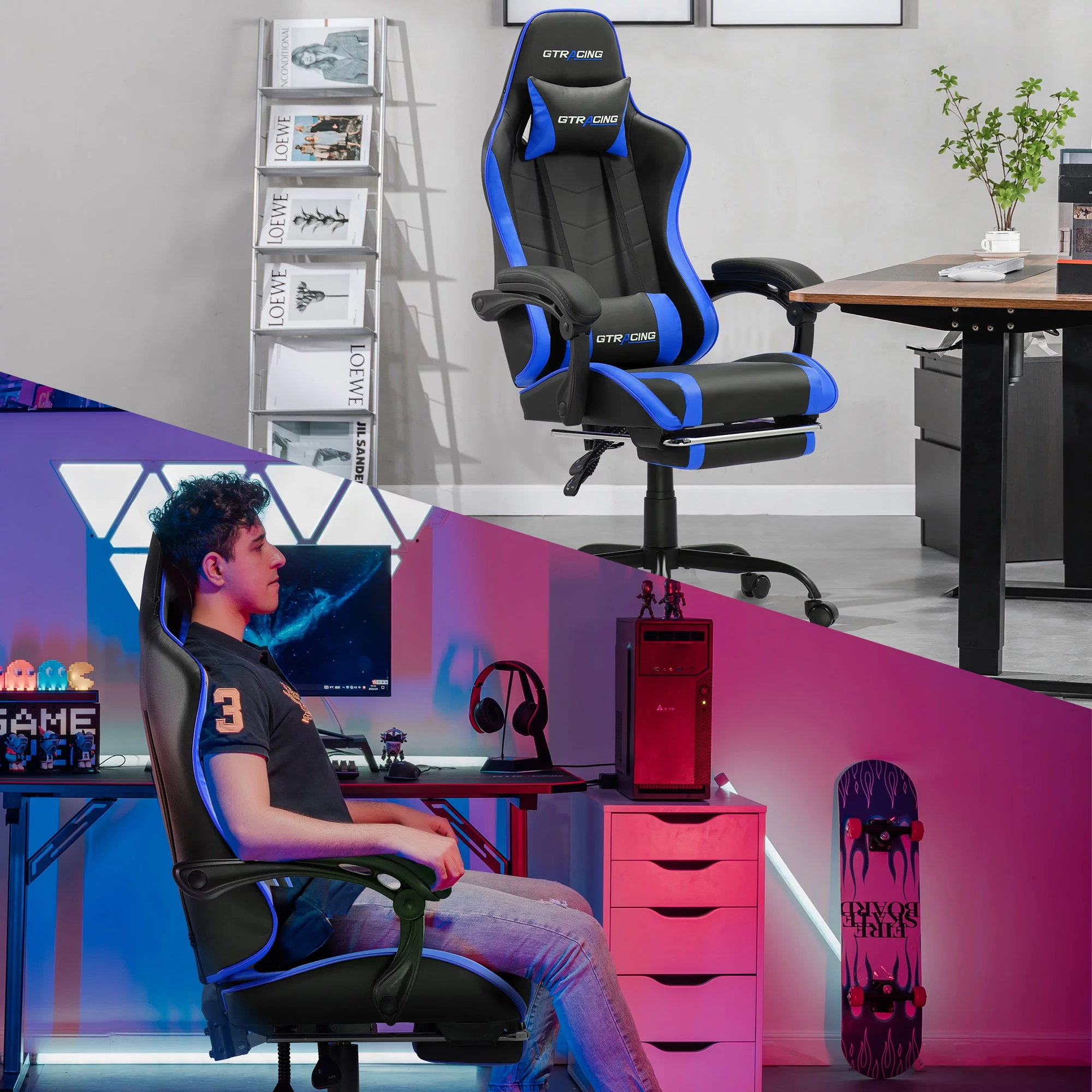 GTRACING GTWD-200 Gaming Chair with Footrest, Height Adjustable Office Swivel Recliner, Blue