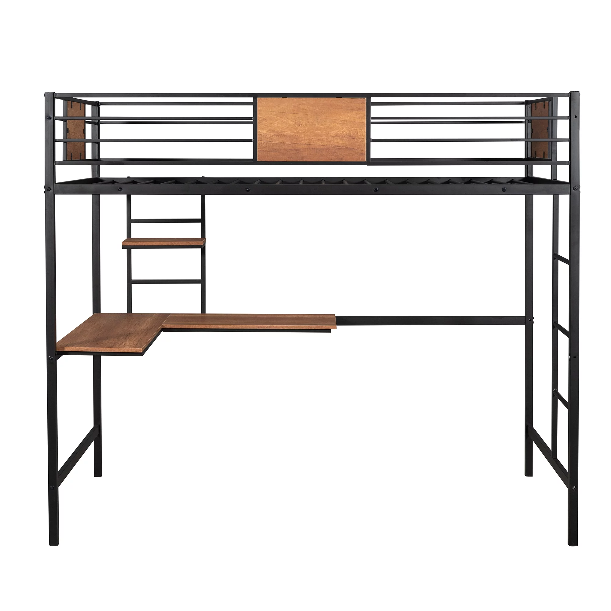 Bellemave Twin Metal Loft Bed with L-Shape Desk and Shelve,Sturdy Metal Loft Bed Frame with Guardrail for Kids,Teens, Black
