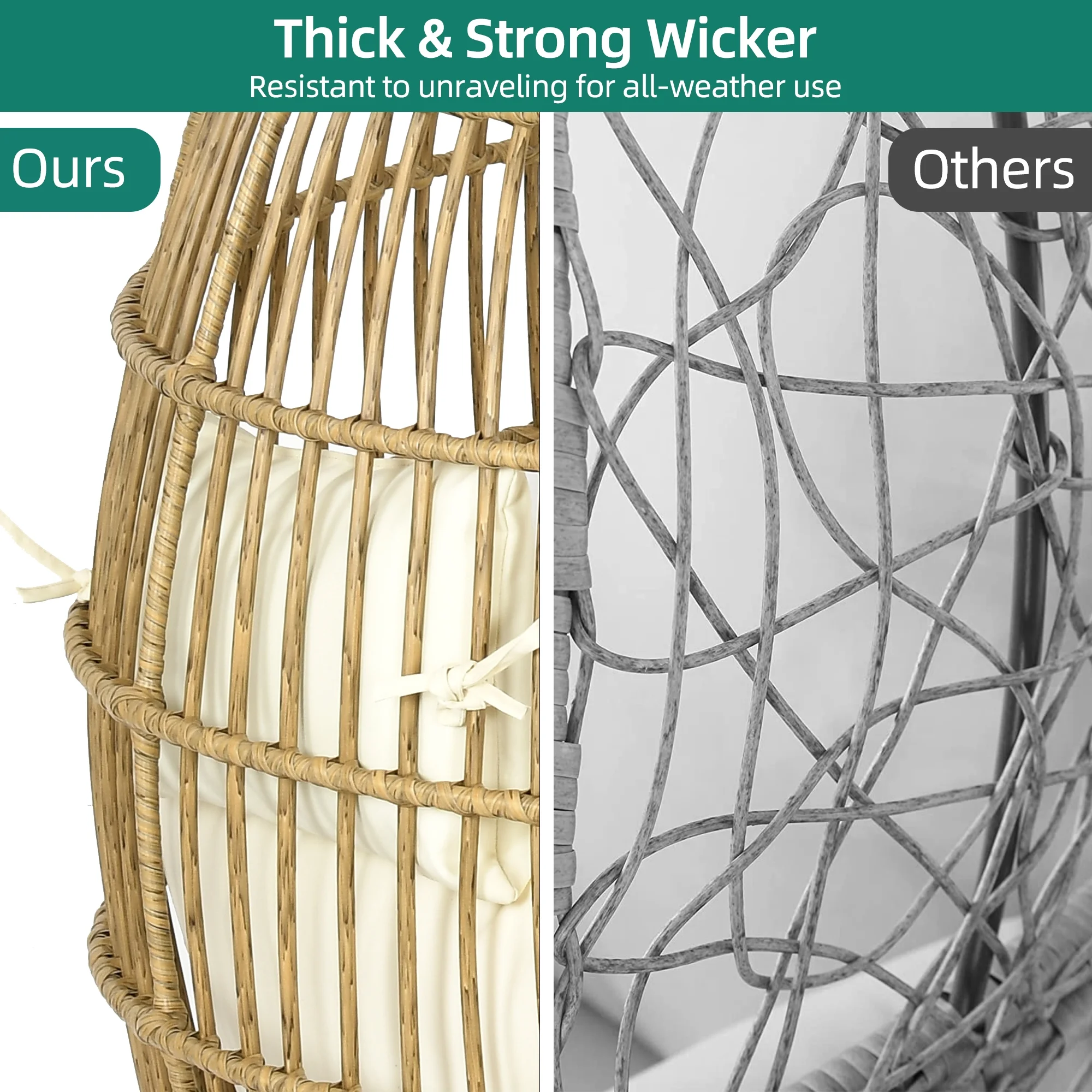 Dextrus Indoor Outdoor Rocking Egg Chair, Wicker Patio Rocking Basket Chair with 385lbs Capacity, All-Weather Oversized Egg Lounger Chair - Beige