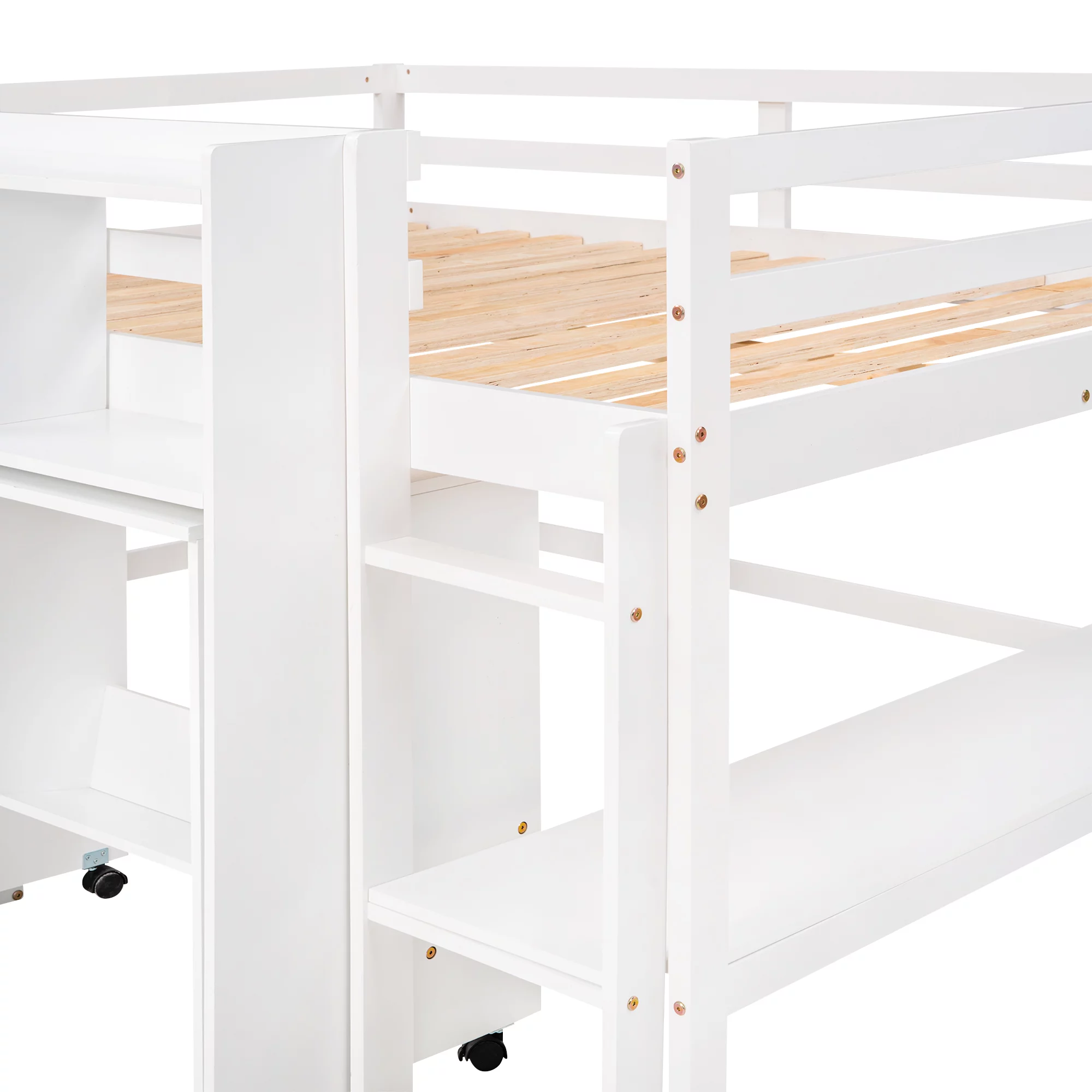 Bellemave Full Size Wood Low Loft Bed with Rolling Portable Desk, and Drawers,Kids Loft Bed With Storage Shelves,No Box Spring Needed(White)
