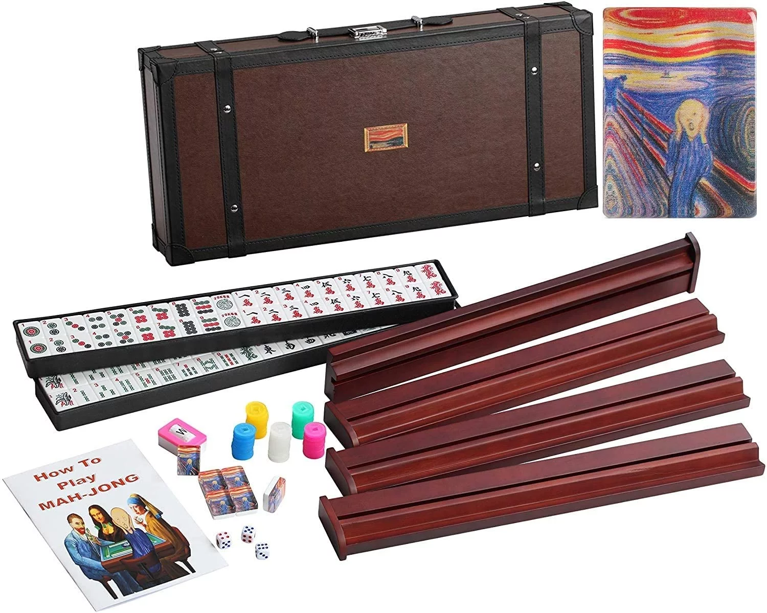 166 American Mahjong High-End Mahjong Suitcase Limited Edition Embedded Masterpiece Background 4 Wooden Pushers + Racks 166 Numbered Tiles Complete American Mahjong Set in Leather Suitcase Van Gogh