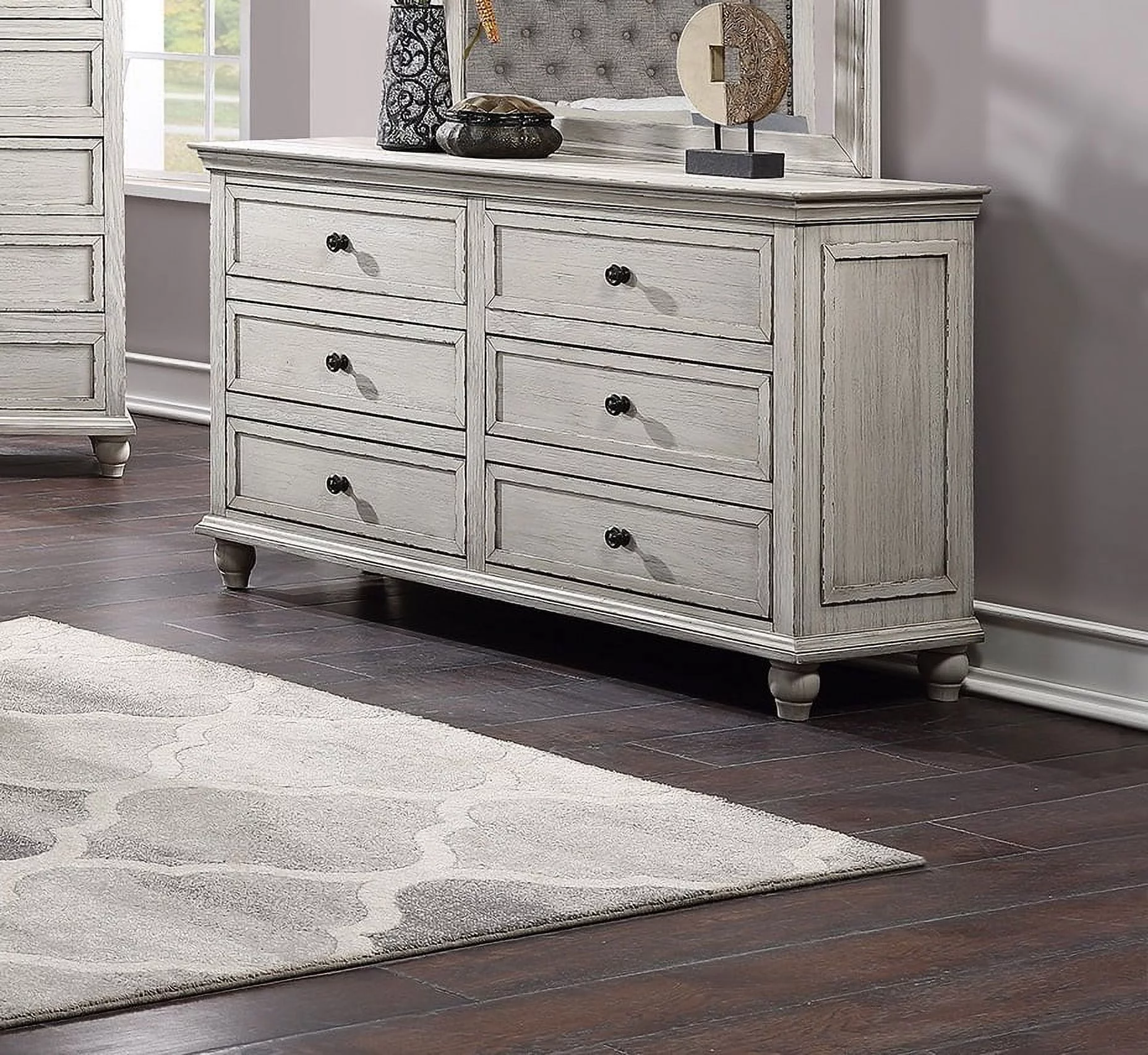 Transitional Bedroom White Finish 5pc Bedroom Set Eastern King Size Bed Dresser Mirror 2x Nightstands Furniture