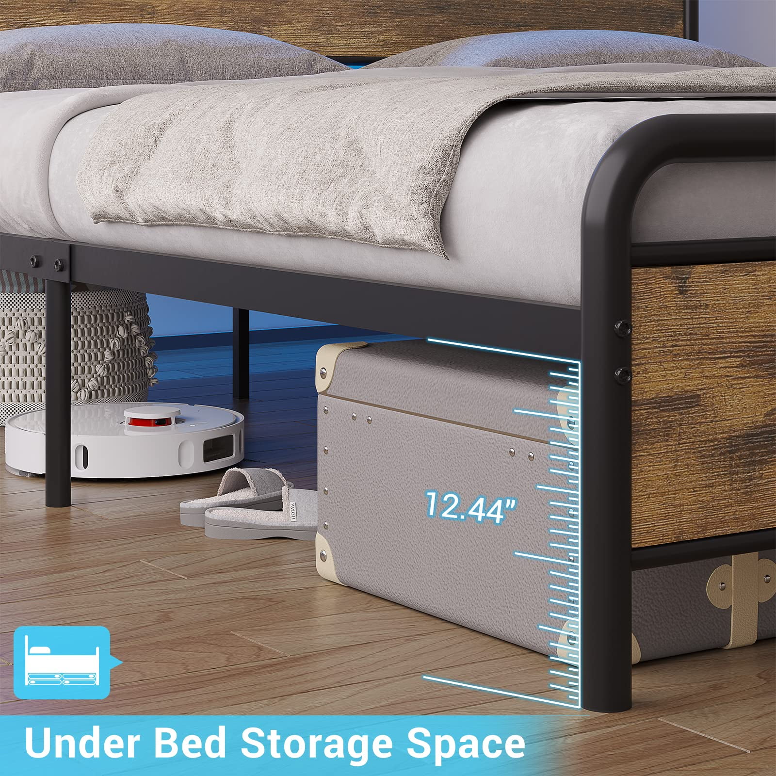 LED Metal Bed Frame with USB Ports & Outlets & LED Headboard, King Platform Bed Frame with 2-Tier Storage Headboard, No Box Spring Needed, Rustic Brown