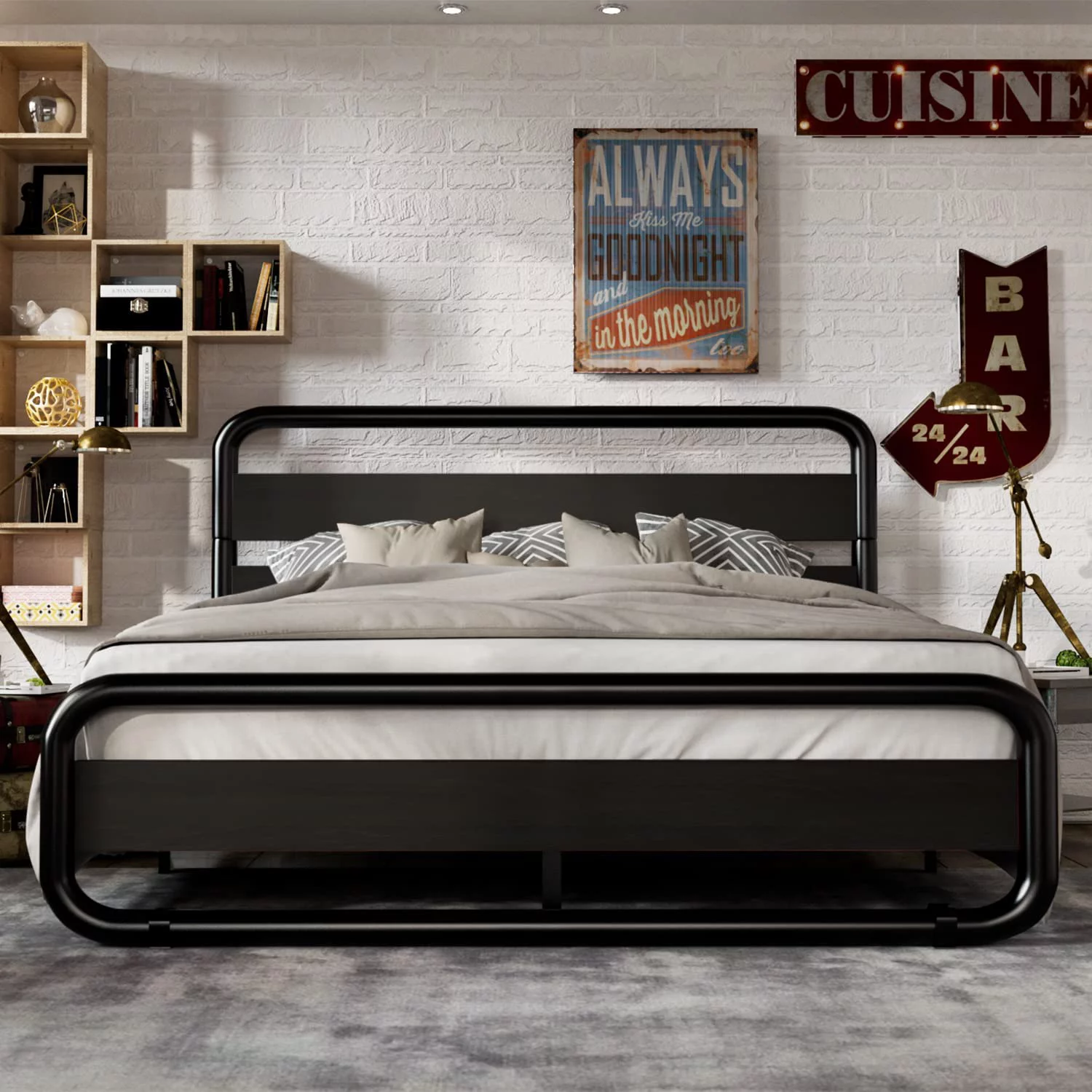 Size Metal Bed Frame with Round/Curved Wooden Headboard and Footboard  Platform Bed Frame with Under Bed Storage  Heavy Duty Metal Mattress Foundation  No Box Spring Needed  Modern  Black