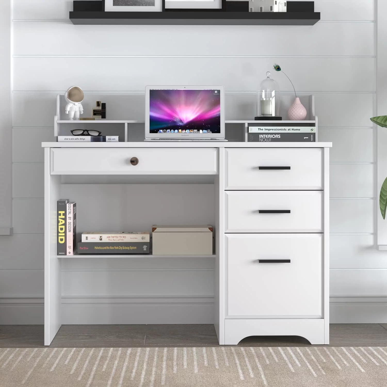 Computer Desk with Drawers, White Home Office Desk with Hutch, PC Desk Writing Table with Storage for Small Spaces, White
