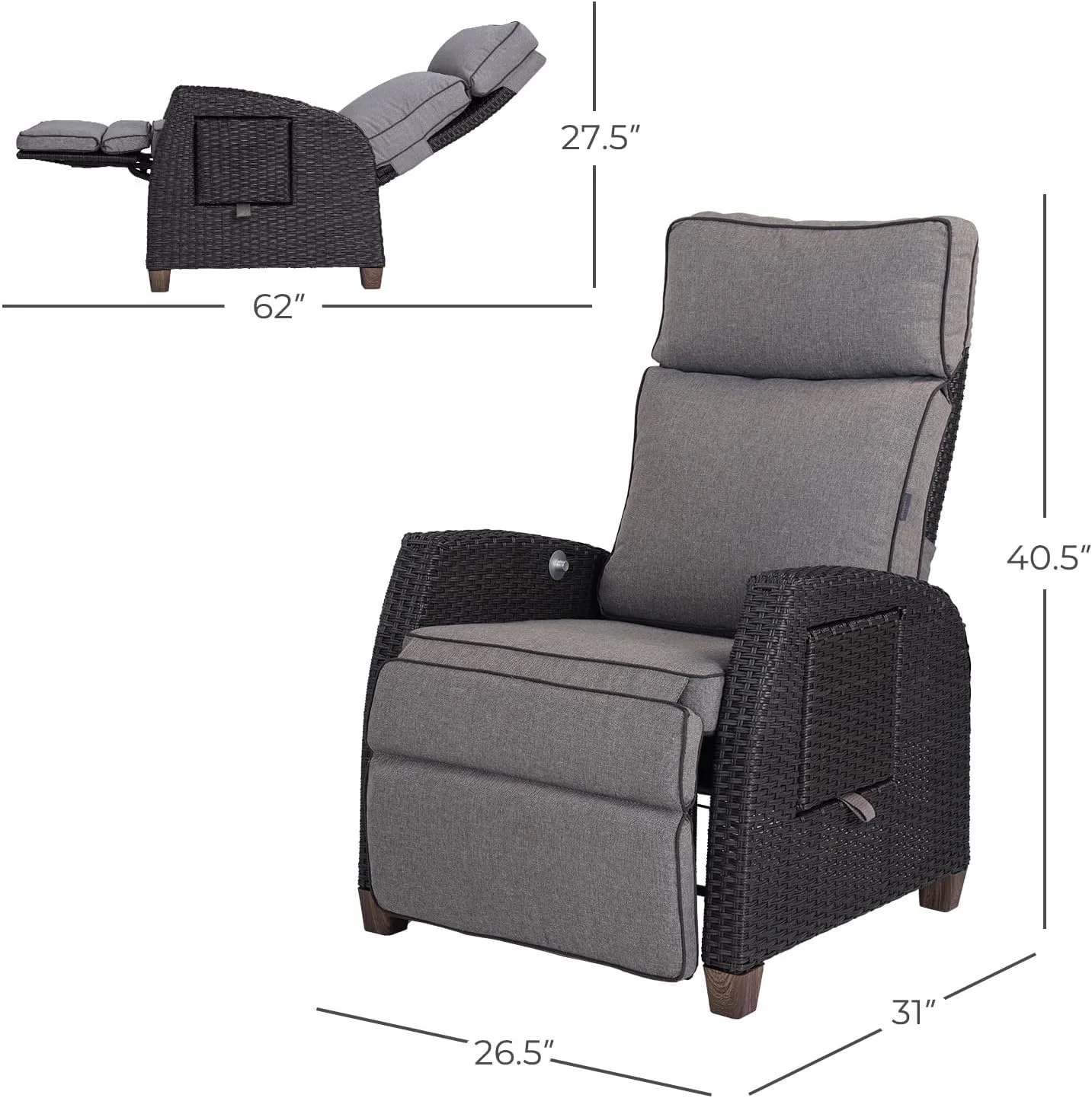 Grand Patio Indoor & Outdoor Recliner Chair PE Wicker Patio 150° Lay Flat Recliner, 2PCS, Gray