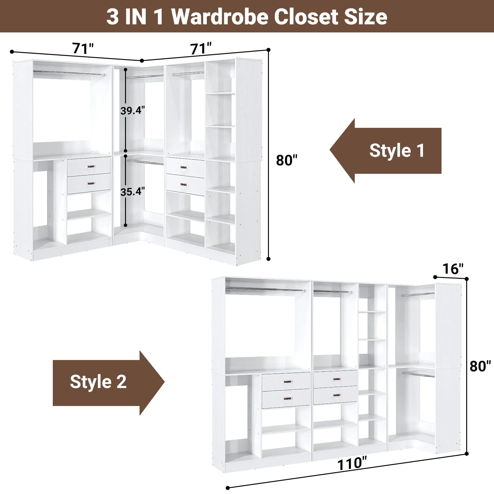 Homieasy Freestanding Closet System with 3 Sets, 110'' Reversible Stand-alone Wardrobe, 80'' Height Cloth Garment Organizer, Walk-in Closet with Hanging Rod, 71