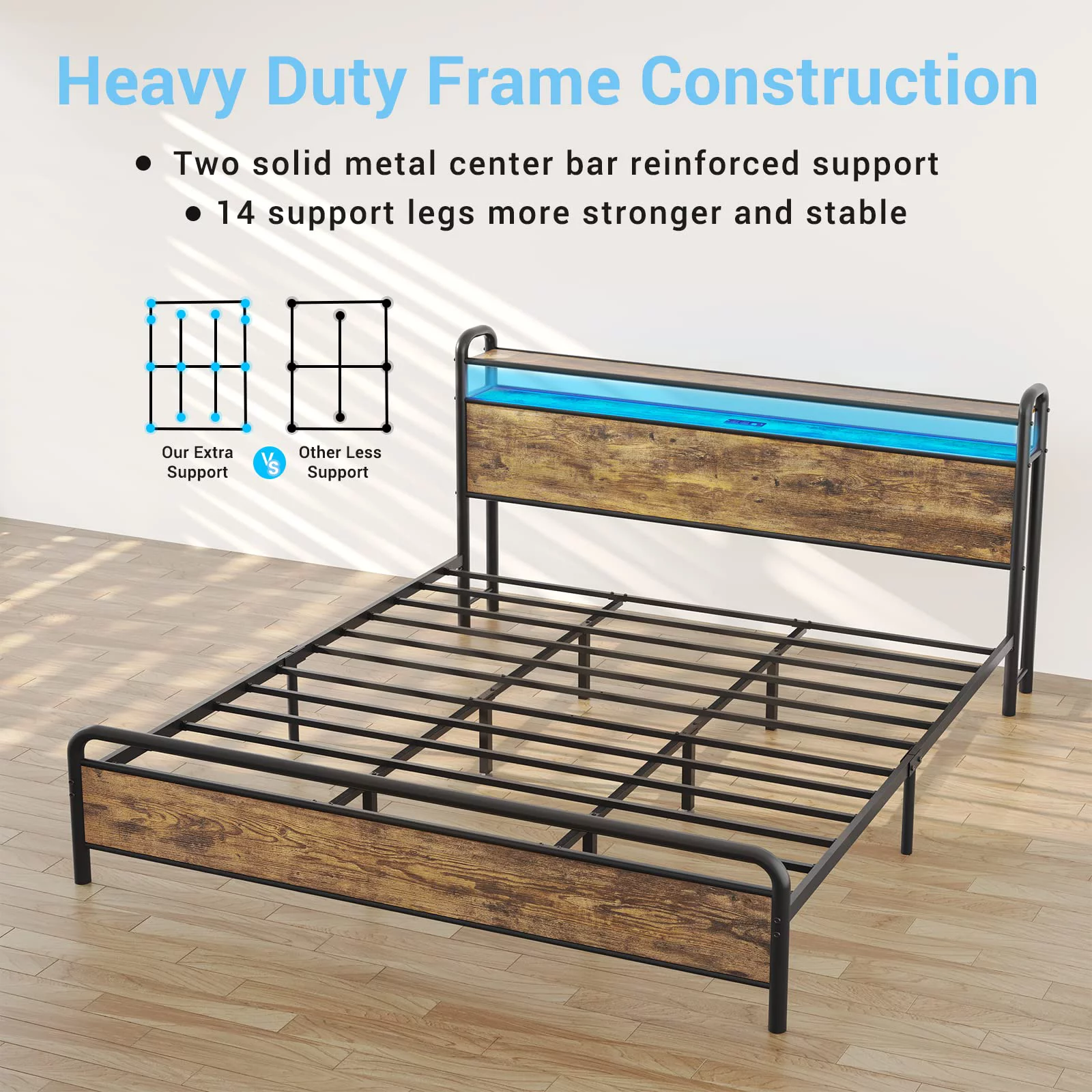 LED Metal Bed Frame with USB Ports & Outlets & LED Headboard, King Platform Bed Frame with 2-Tier Storage Headboard, No Box Spring Needed, Rustic Brown