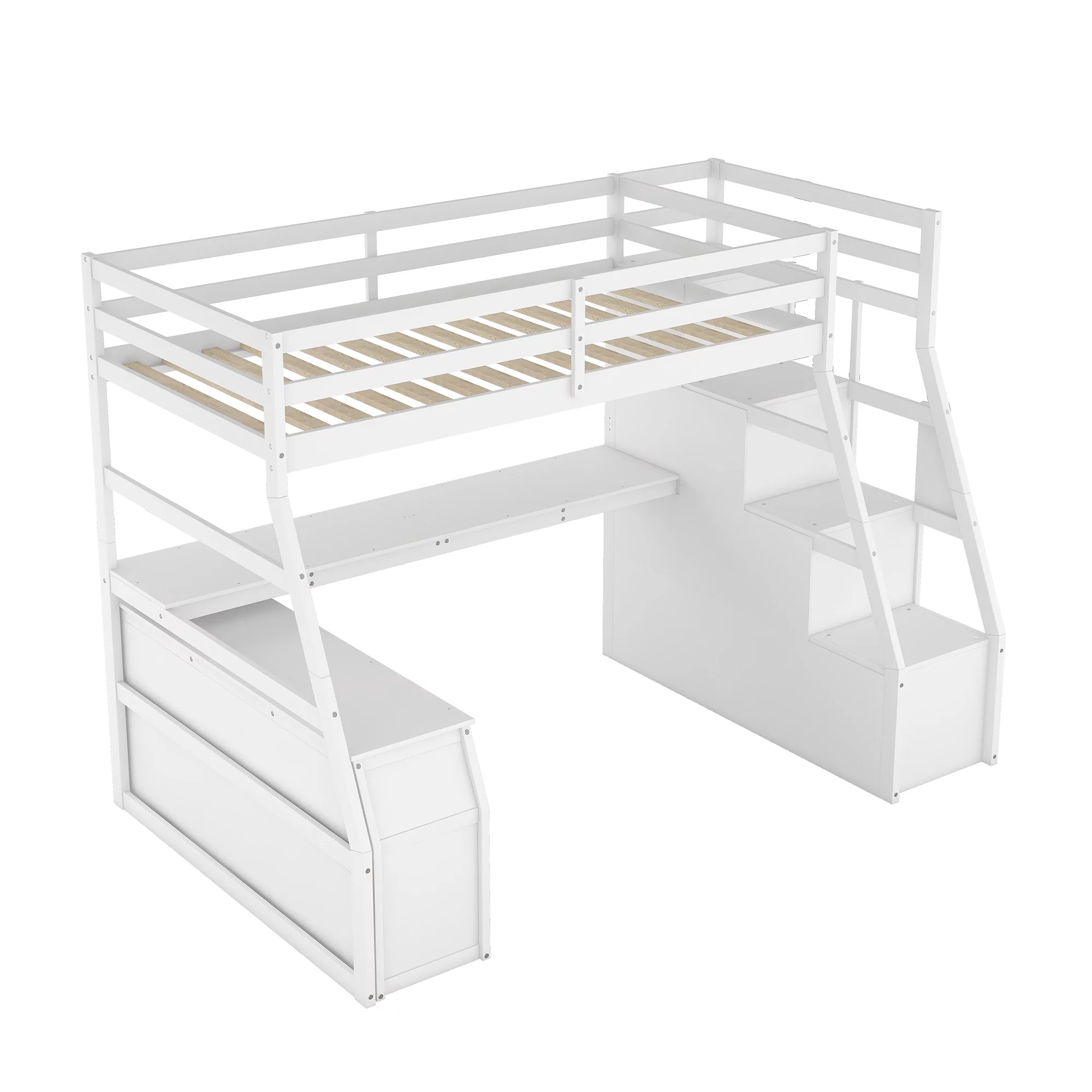 Twin Size Loft Bed Frame with 7 Drawers 2 Shelves and Desk, Health and Comfort Storage Shelves and Writing Desk, Wooden Loft Beds with Stairway, High Loft Bed for Kids Boys (White,Twin)