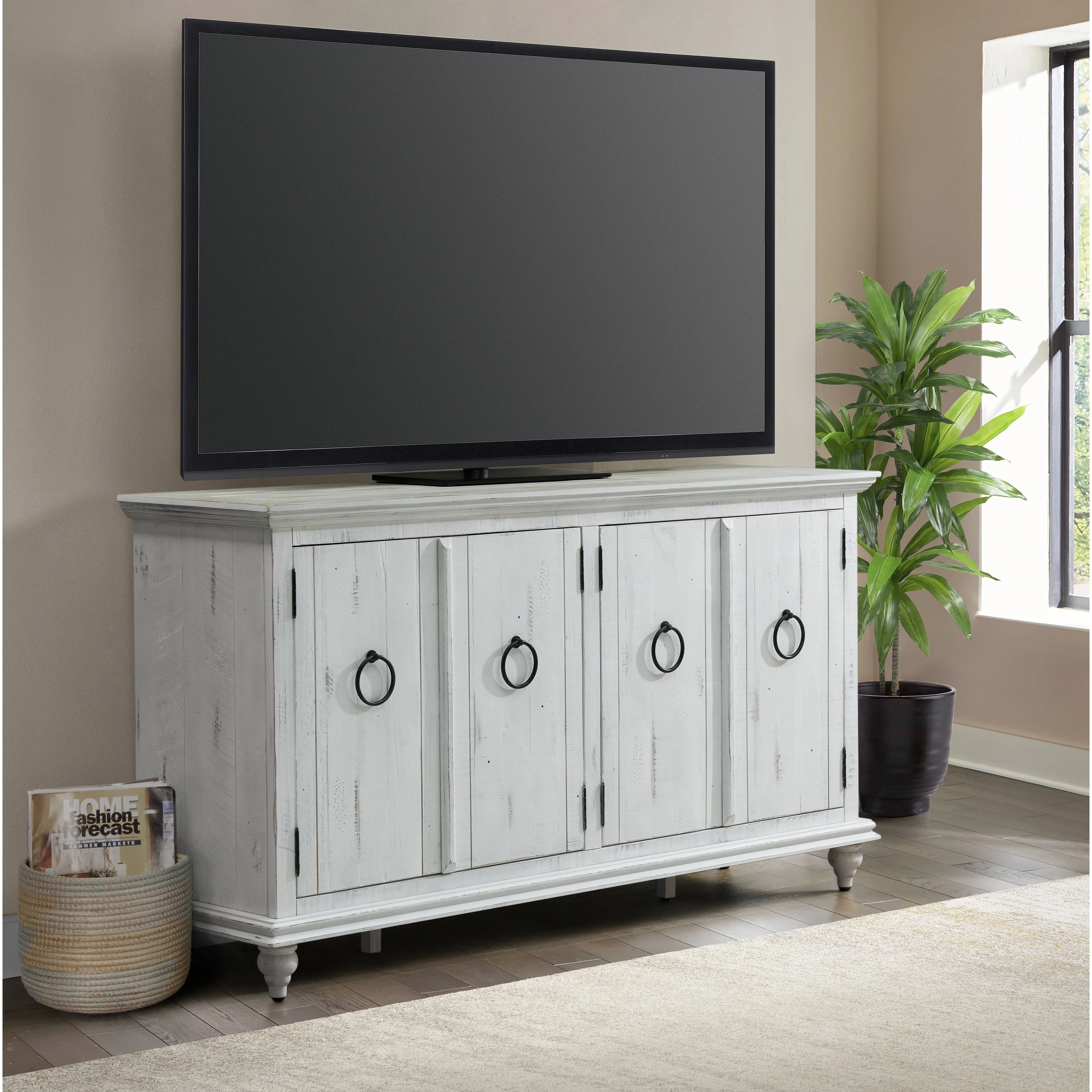 Central Park 65-inch Solid Wood 4-door TV Stand Console - 35 inches high x 65 inches wide x 18 inches deep Rustic-White