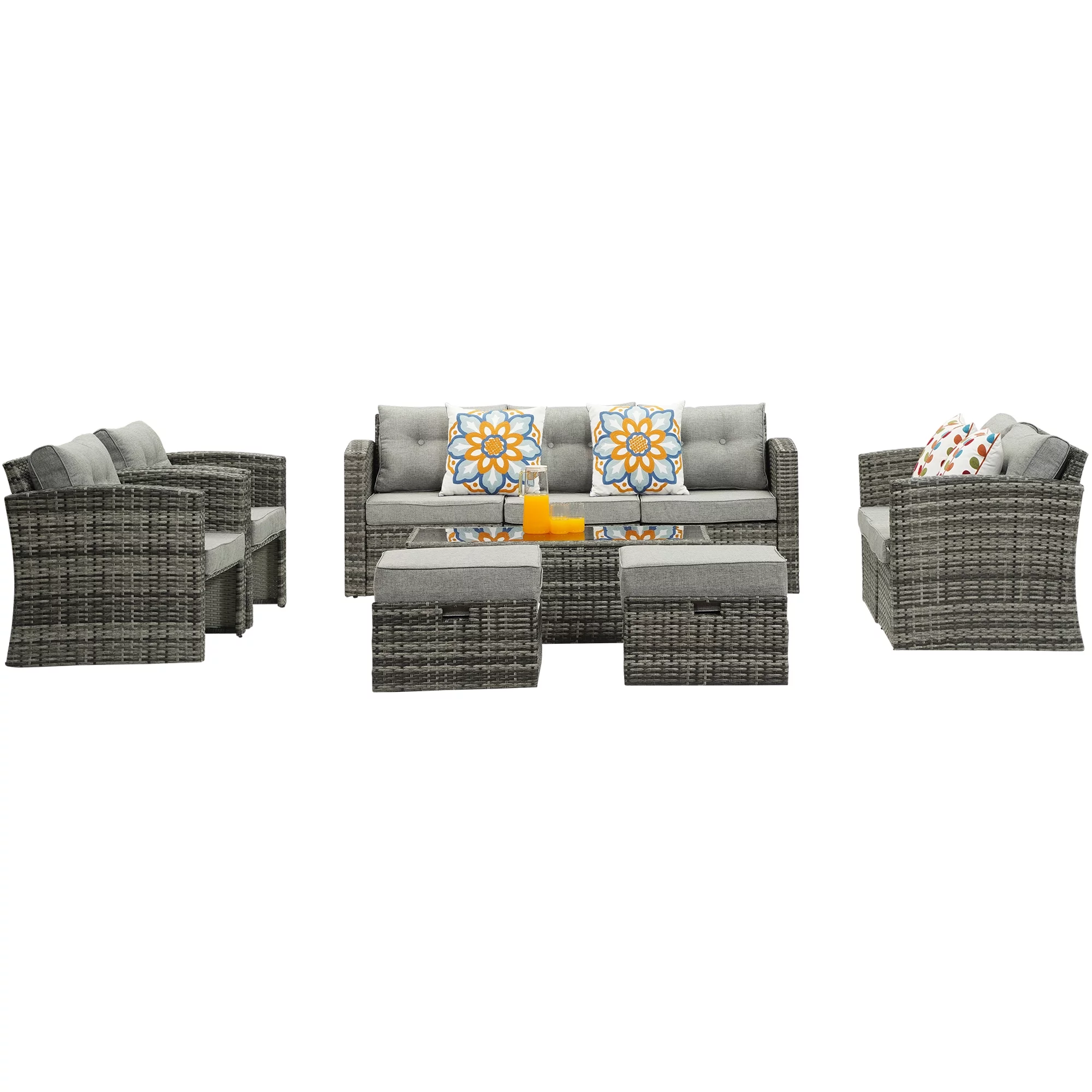 Superjoe 10 Pcs Outdoor Wicker Patio Furniture Set Aluminum Frame Patio Sectional Sofa with Coffee Table,Gray