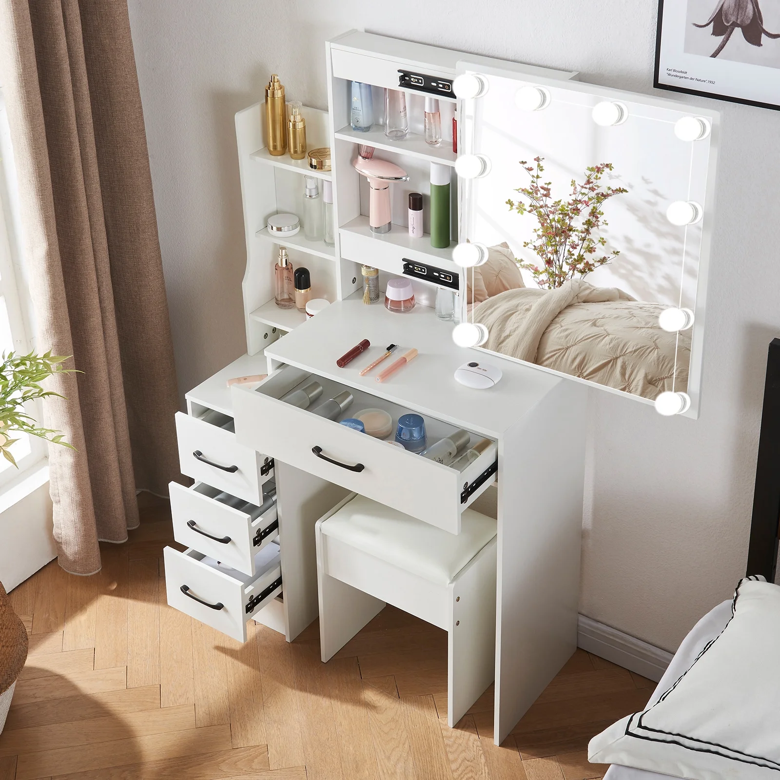 Yamissi Modern Makeup Vanity with LED Lighted Mirror and Stool, Vanity Table with USB Ports for Bedroom, Vanity Desk with Storage Shelves & Drawers, White