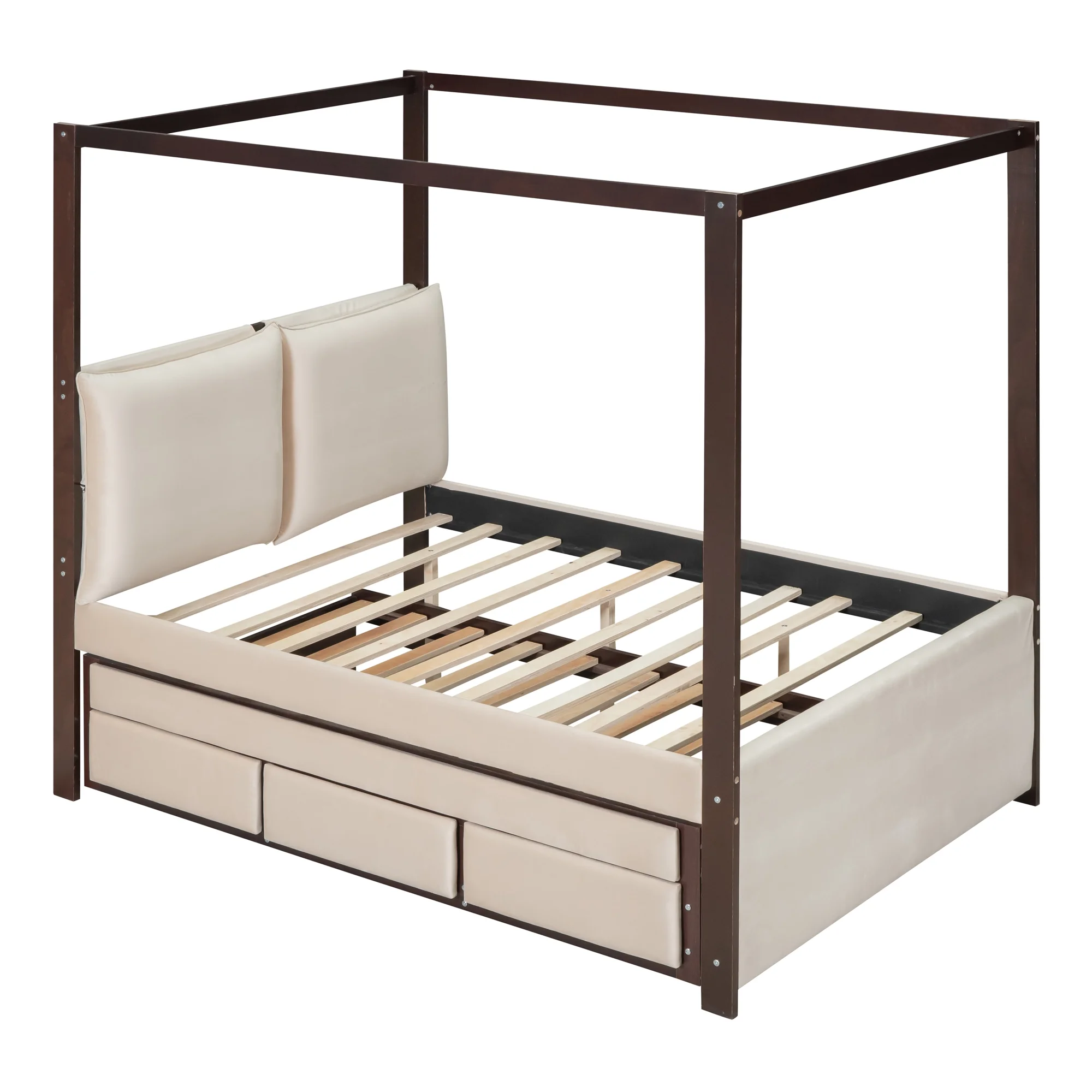 Churanty Full Size Upholstered Canopy Bed with Trundle and 3 Drawers, Beige