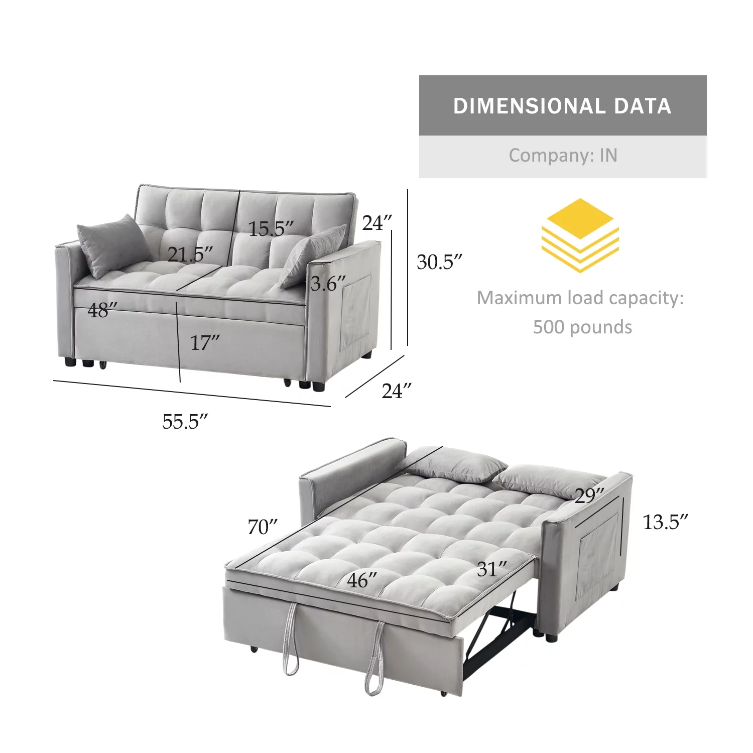 Tzicr 55.5'' 3-in-1 Convertible Sleeper Sofa Bed, Modern Velvet Loveseat Futon Couch Pullout Bed with Adjustable Backrest, Side Storage Pockets and Pillows. (Grey)