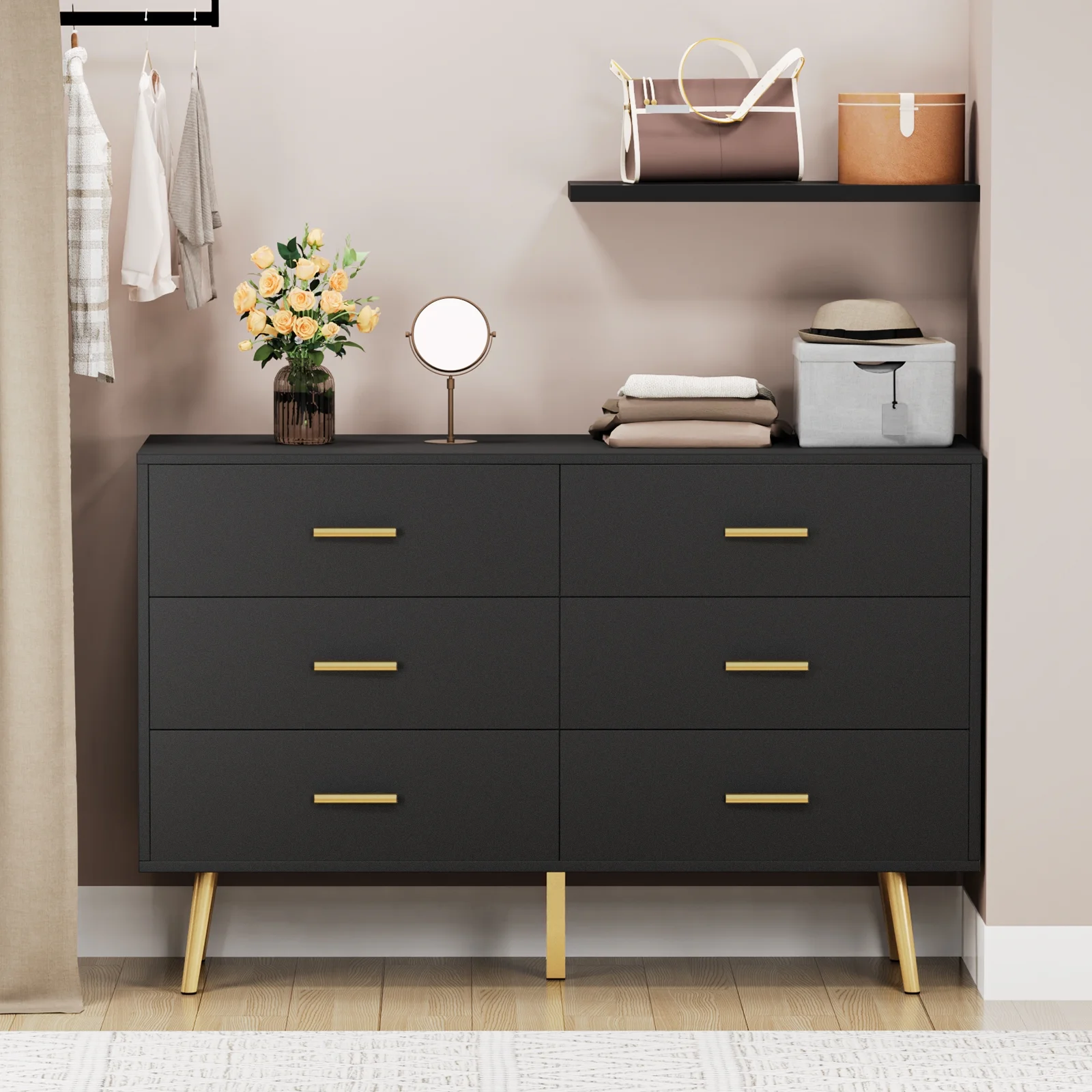 REHOOPEX Black Dresser for Bedroom, Wood Dressers & Colthes Chests of 6 Drawers for Home