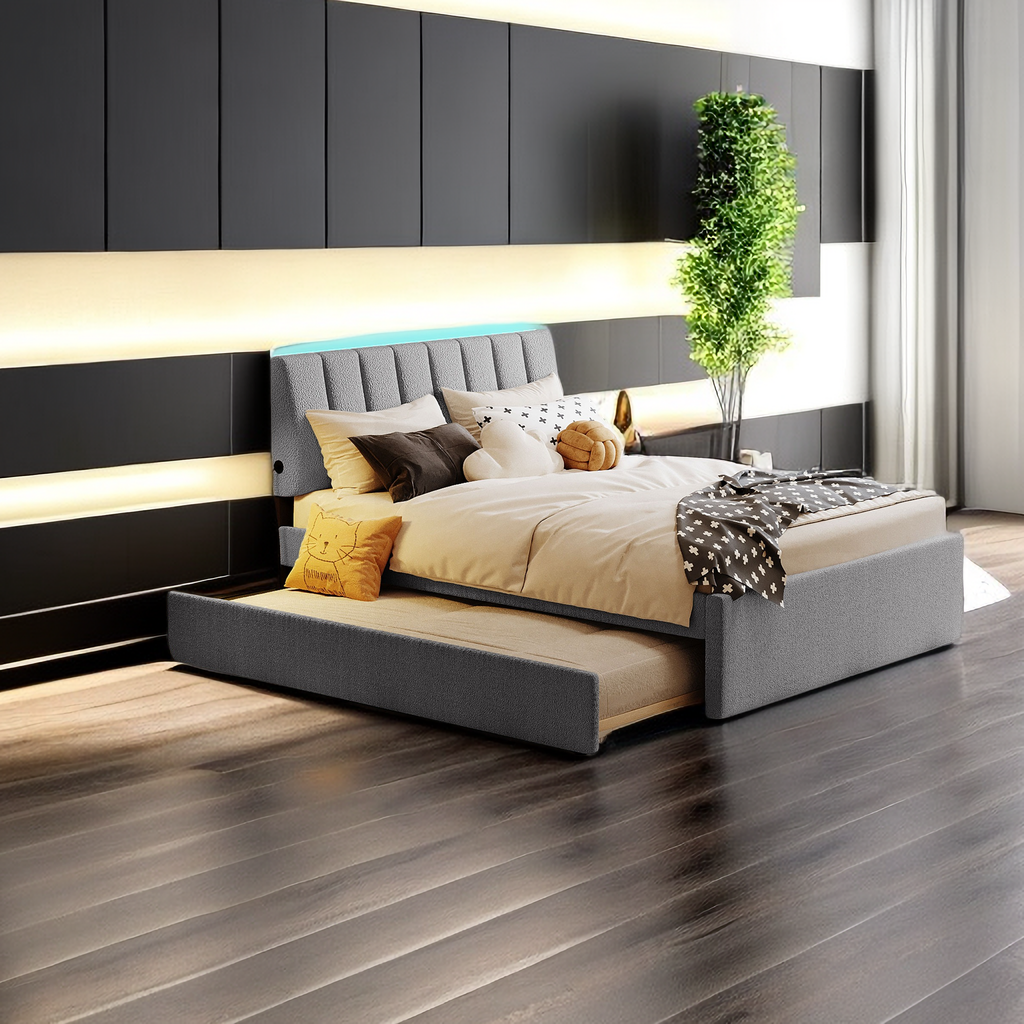 Teddy Fleece Full Size Upholstered Platform Bed with Trundle, Wood Bed Frame with Upholstered Headboard, LED Bed Frame for Bedroom, No Box Spring Needed, Easy Assembly