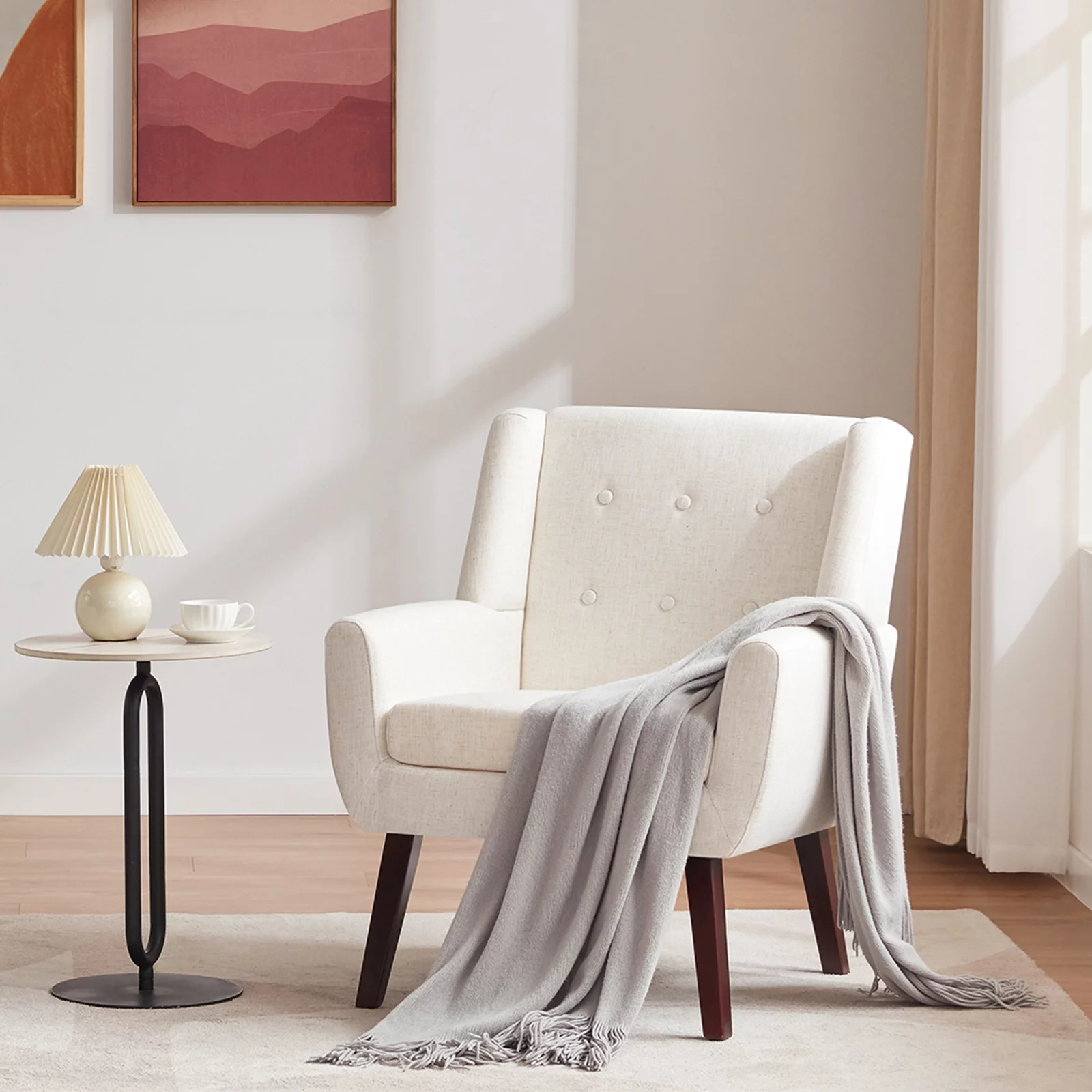 HUIMO  Accent Chair, Button-Tufted Upholstered  Living Room Chairs,  Mid Century Modern Comfy Reading Chairs for Bedroom, Living Room, Beige