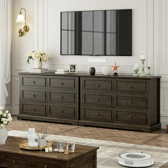 Homfa Double Dresser with 6 Drawers, 47'' Wide Chest of Drawers for Bedroom, Storage Cabinet for Living Room, Dark Brown