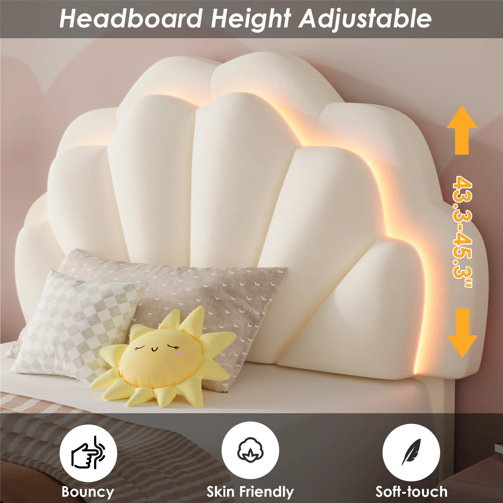 Homfa Twin Size LED Bed Frame with Drawer, Velvet Upholstered Platform Bed with Adjustable Petal Headboard for Kid, Beige