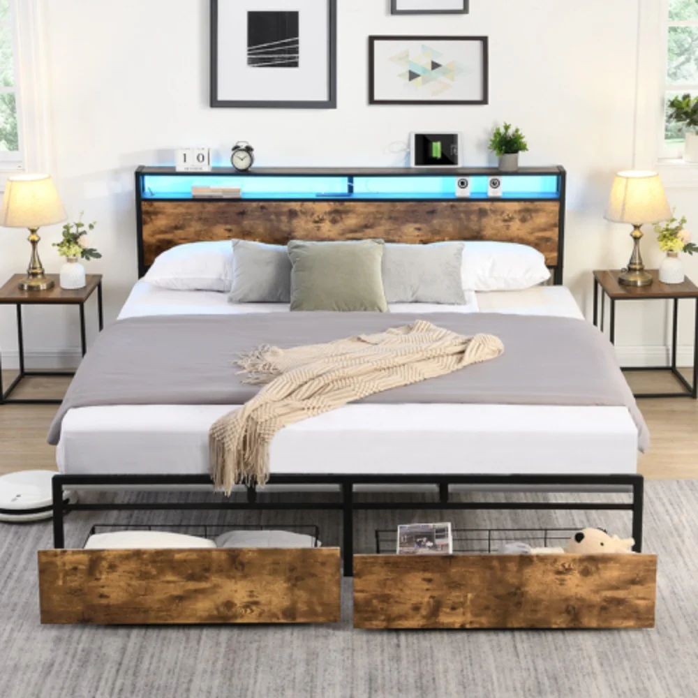 Queen Bed Frame, Storage Headboard with Charging Station, Solid and Stable, Noise Free, No Box Spring Needed, Easy Assembly  Antique brown + Metal & Wood + Bedroom + Queen + Bed Frame + Metal