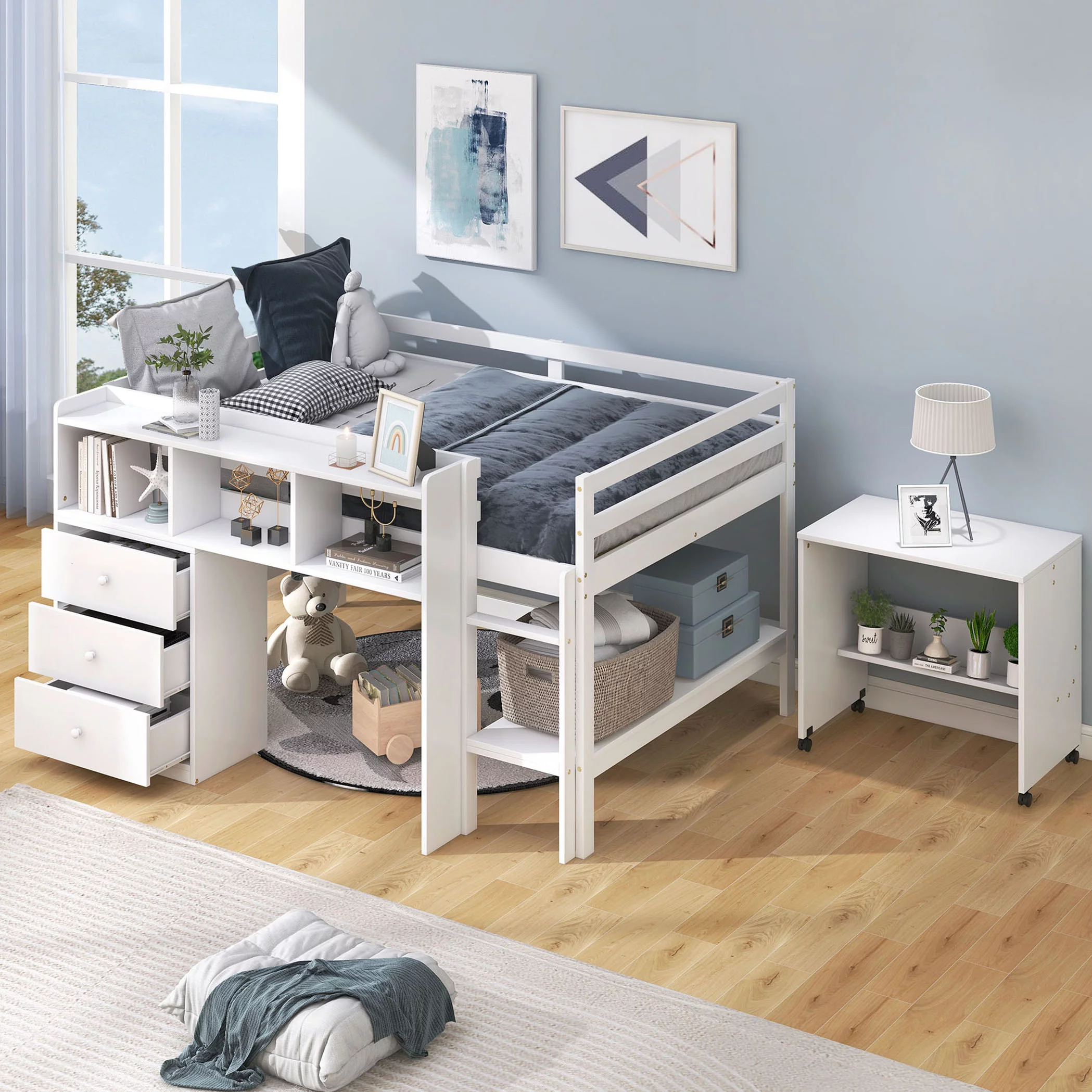 Bellemave Full Size Wood Low Loft Bed with Rolling Portable Desk, and Drawers,Kids Loft Bed With Storage Shelves,No Box Spring Needed(White)