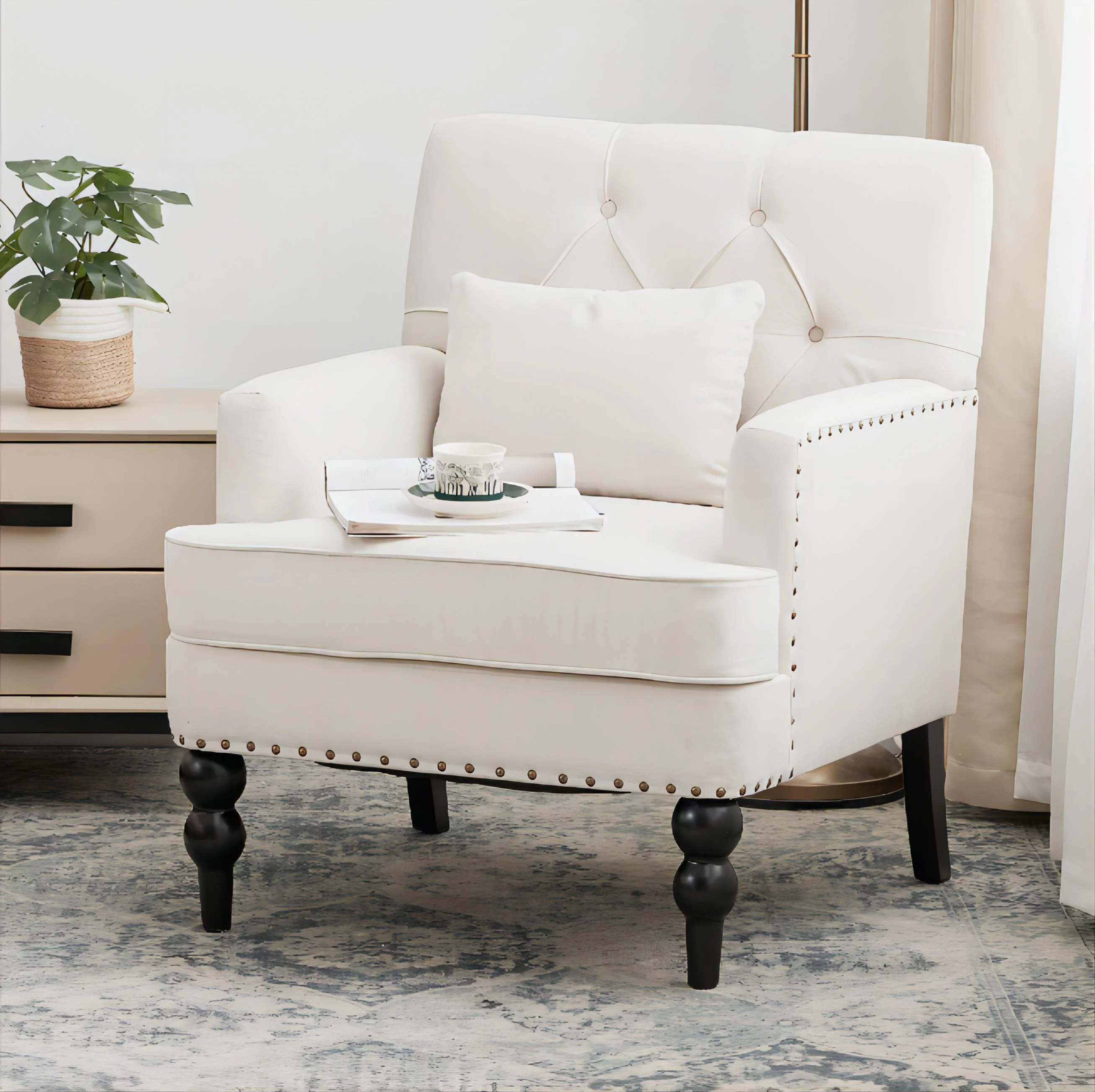 HUIMO Arm Chair with Ottoman,Upholstered Button Tufted Accent Chair,Linen Fabric Sofa Reading Chairs for Living Room, for Bedroom(Beige)