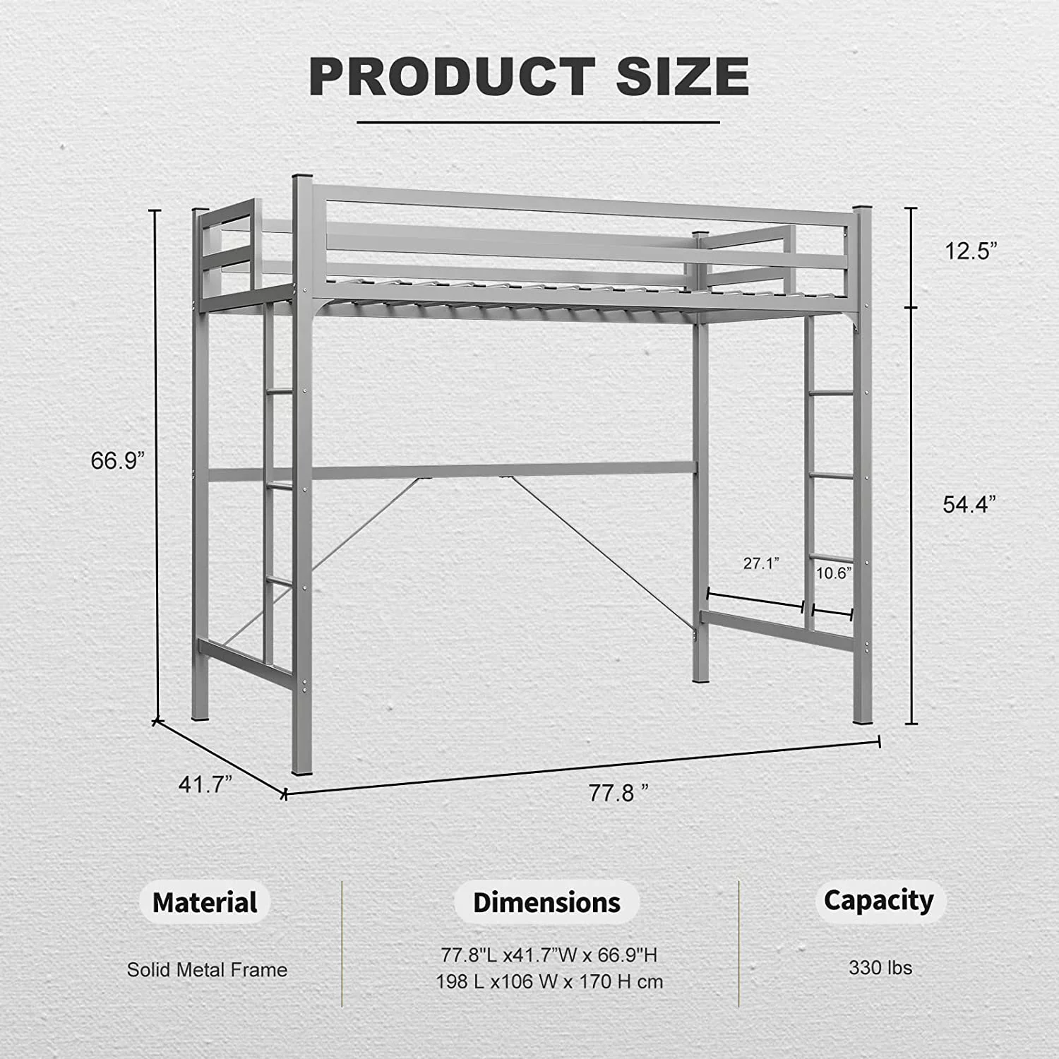 IKIFLY Metal Twin Size Loft Bed Frame - Heavy Duty Junior Loft Beds with 2 Ladders & Safety Guard Rail, Space-Saving, Noise Free, for Kids / Adults / Teens - Silver Grey
