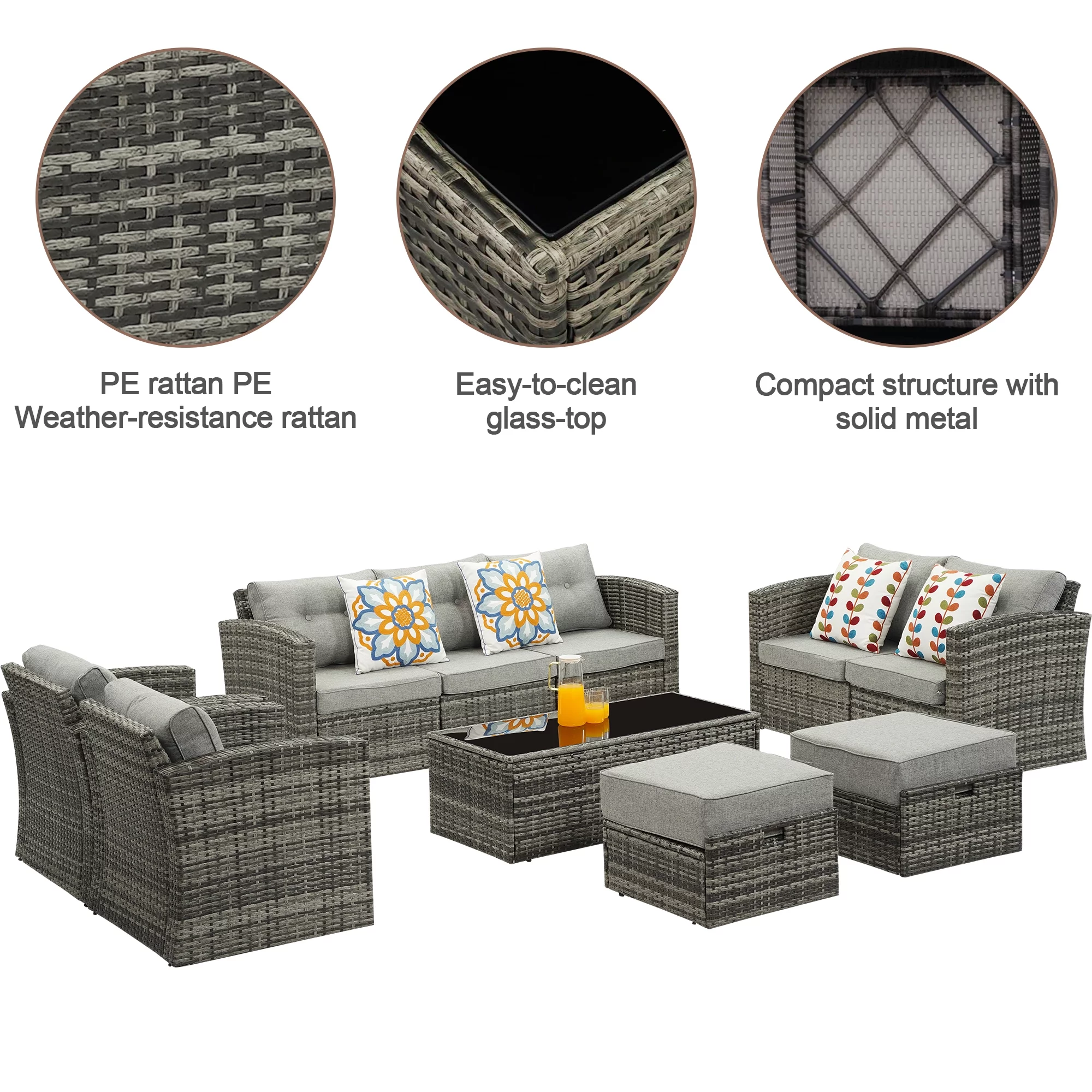 Superjoe 10 Pcs Outdoor Wicker Patio Furniture Set Aluminum Frame Patio Sectional Sofa with Coffee Table,Gray