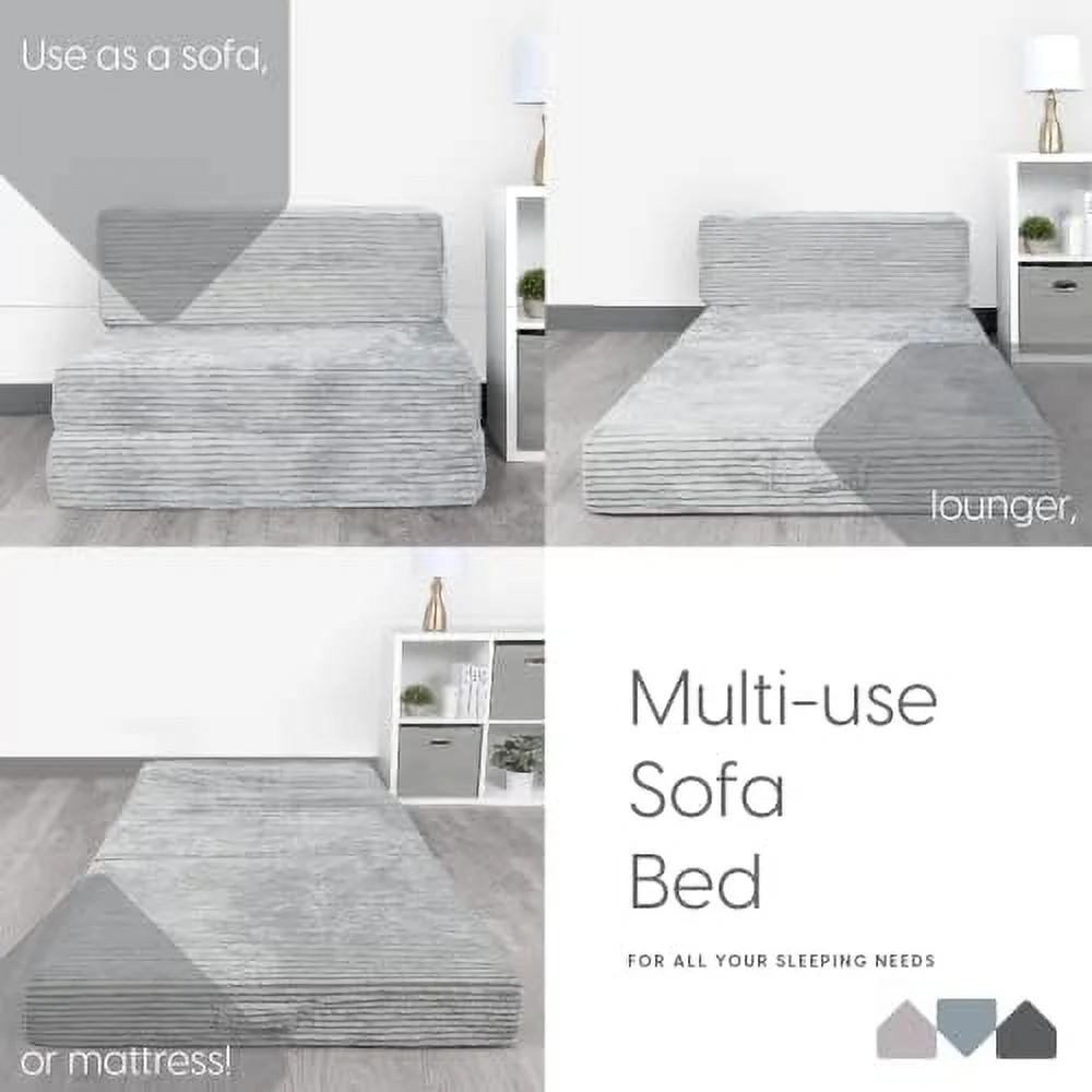 YZboomLife Tri Folding Sofa Mattress  2024 Edition  Memory Foam Foldable Mattress with Ultra Soft & Washable Ribbed Fur Cover  Twin Size (Grey)