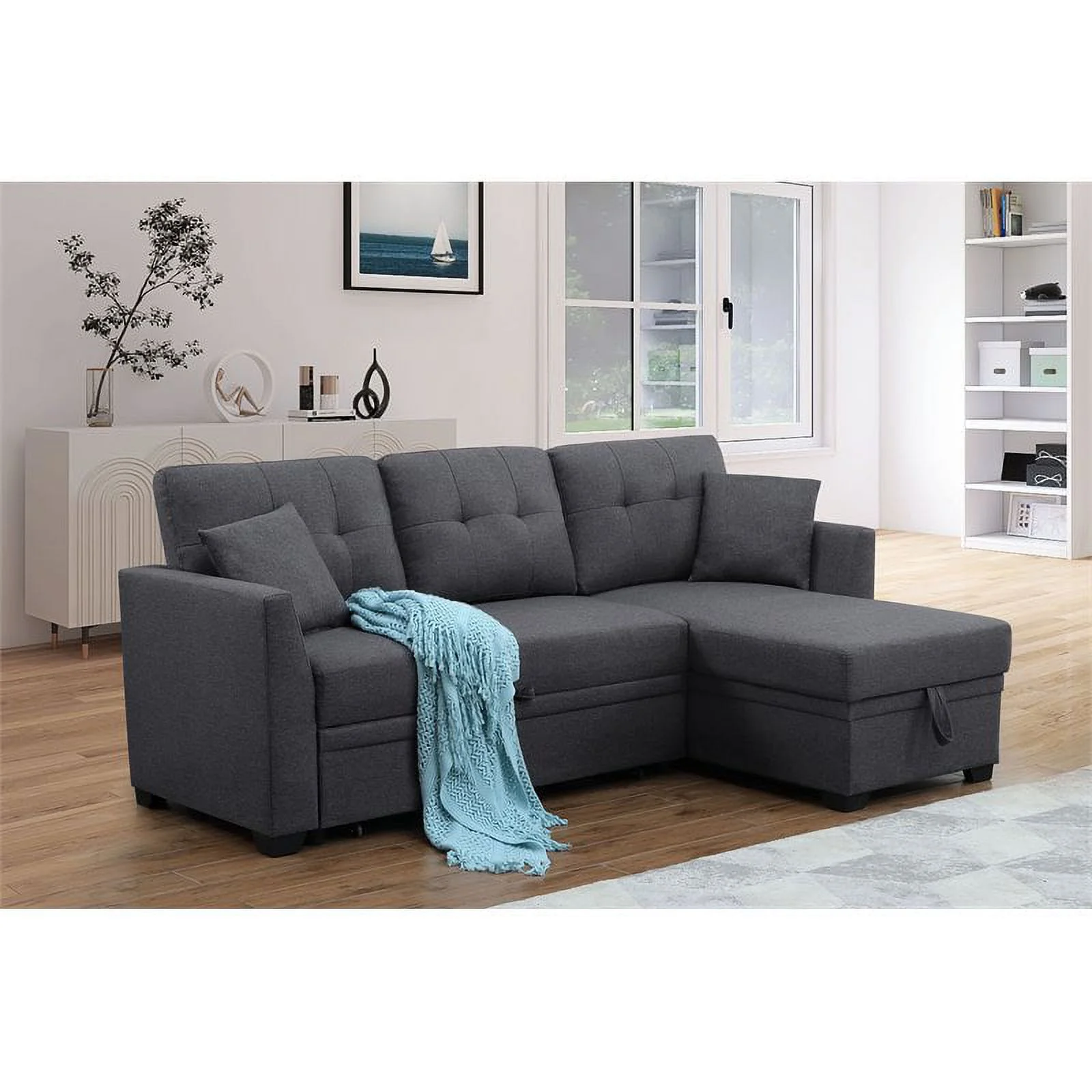 Pemberly Row 3-Seat Fabric Sleeper Sectional Sofa with Storage in Dark Gray