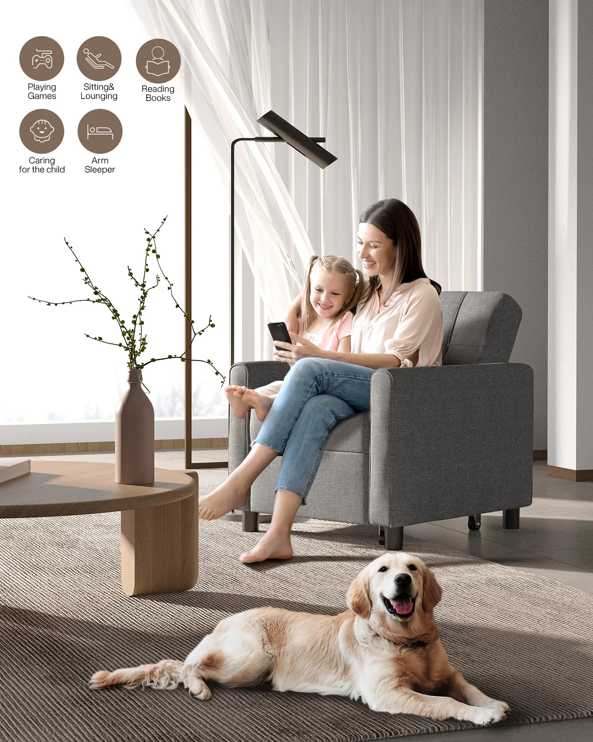 Sofa Beds Chair 3 in 1, Convertible Chair Single Bed, Grey