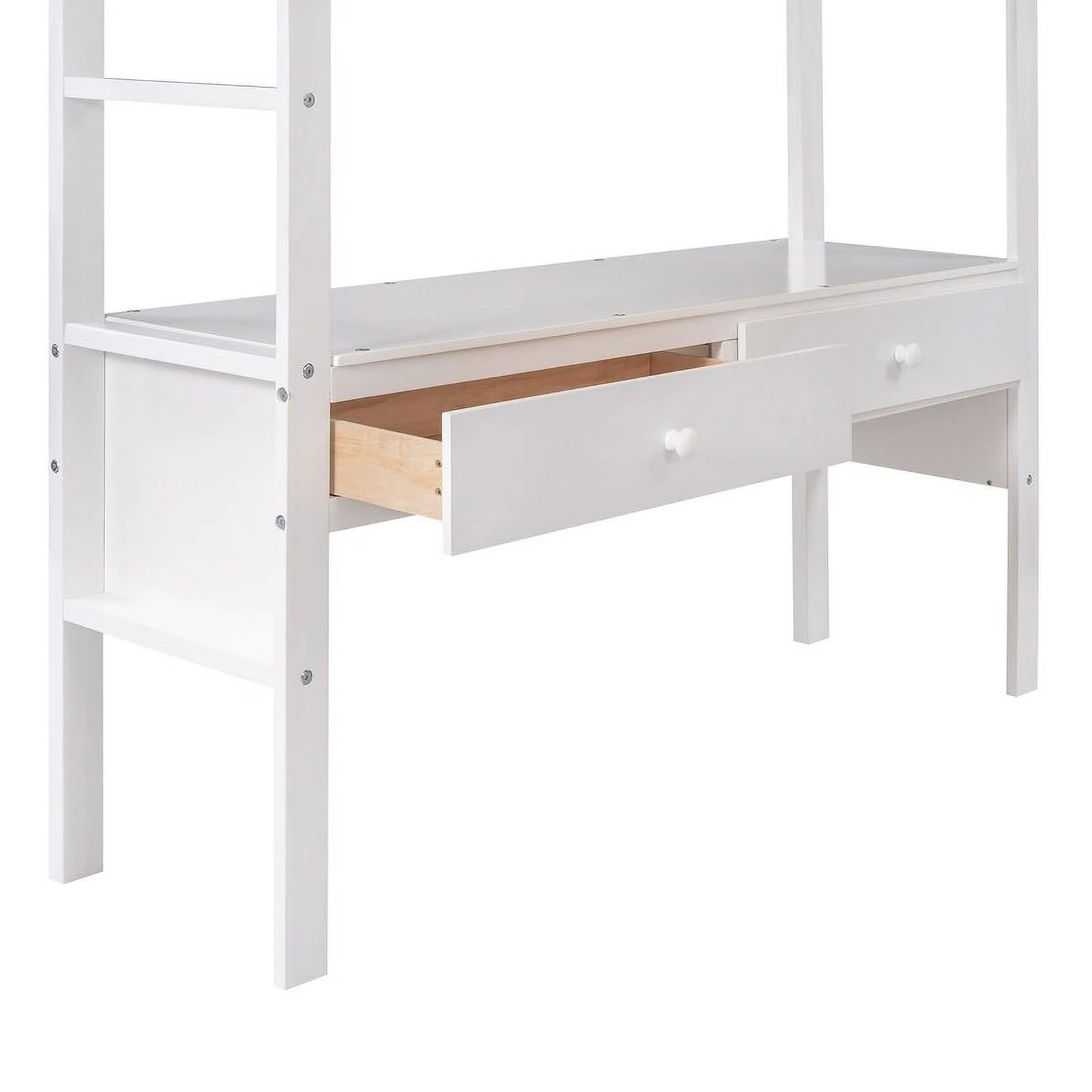Full Size Wooden Loft Bed with Built-in Desk with Two Drawers, and Storage Shelves and Drawers For Kids White