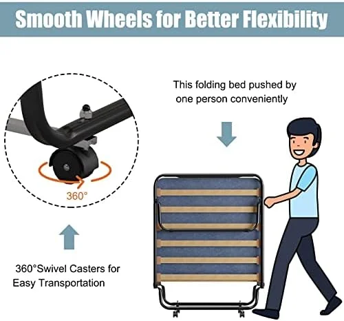 YZboomLife Folding Rollaway Bed with Mattress  Foldable Bed with Memory Foam Mattress for Adults  Portable Fold Up Guest Bed with Sturdy Steel Frame on Wheels for Home & Office  Made