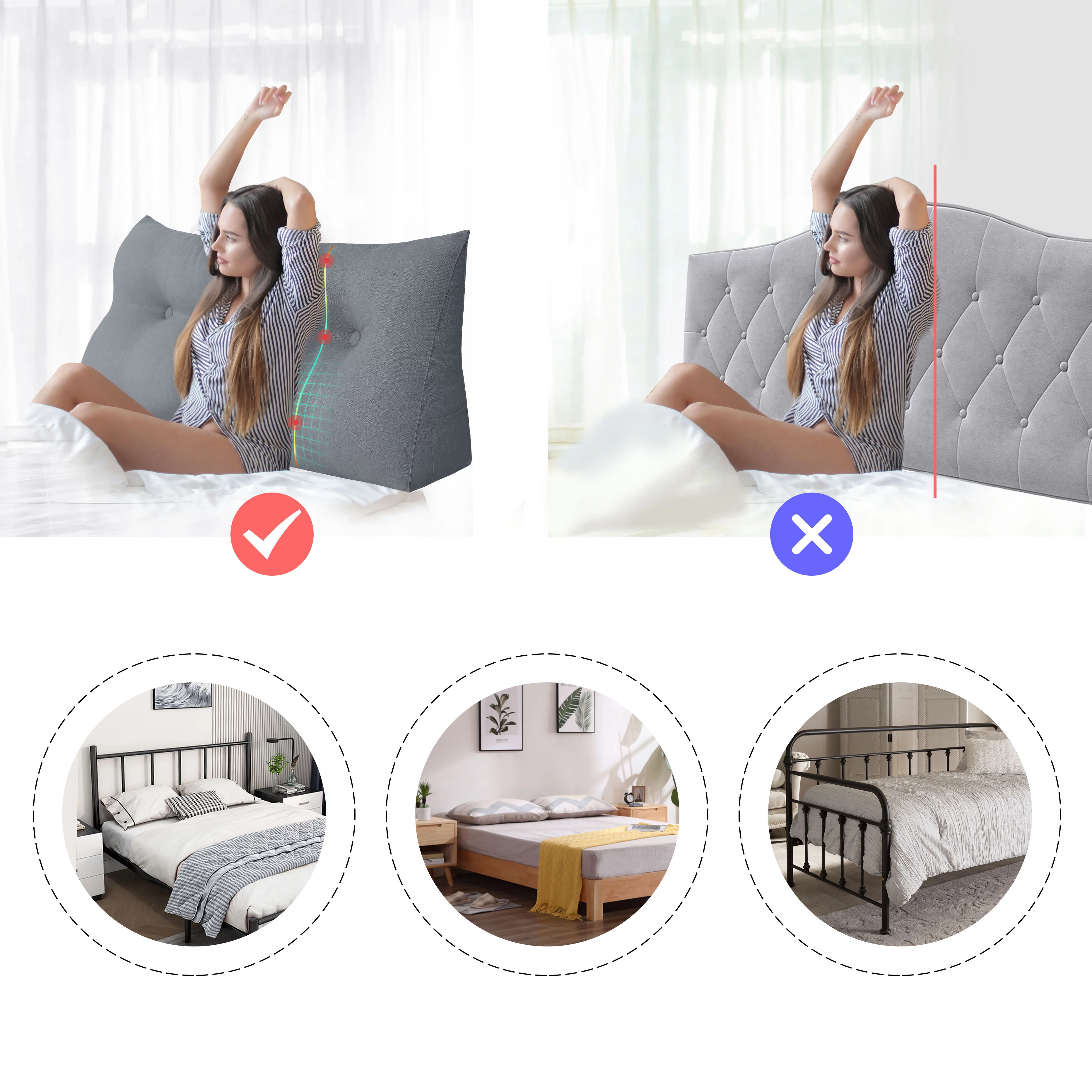 Johnear Large Headboard Reading Pillow Cotton Linen Daybed Cushion Backrest Bolster Pillow Triangular Wedge Support Positioning for Bed Sofa Rest (gray, King)