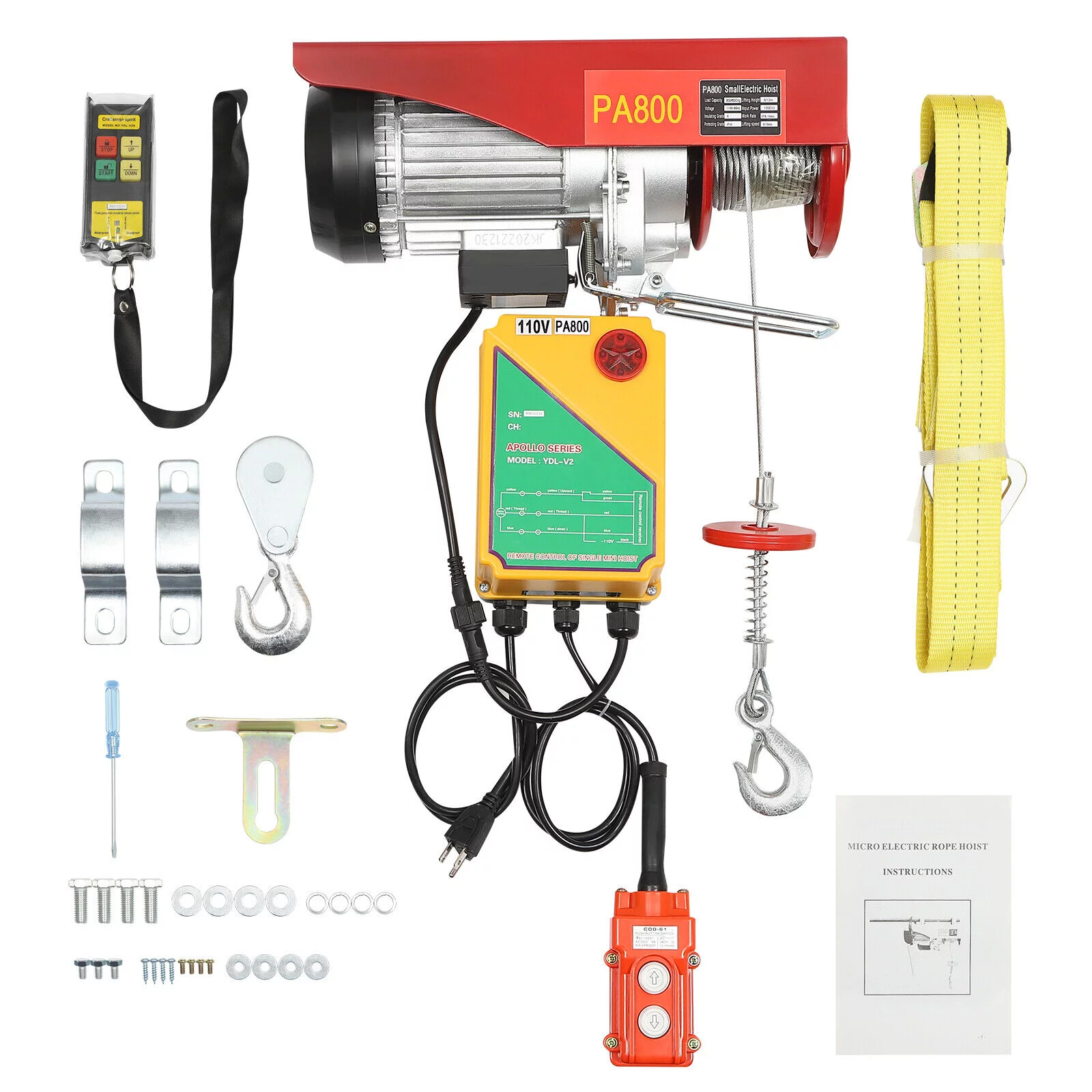 Automatic Electric Cable Hoist, Wireless Remote Control, 110V 1450W Overhead Pulley Winch with Towing Sling, 39 ft Cable Length, Electric Winch for Garage, Warehouse, Construction, Farm