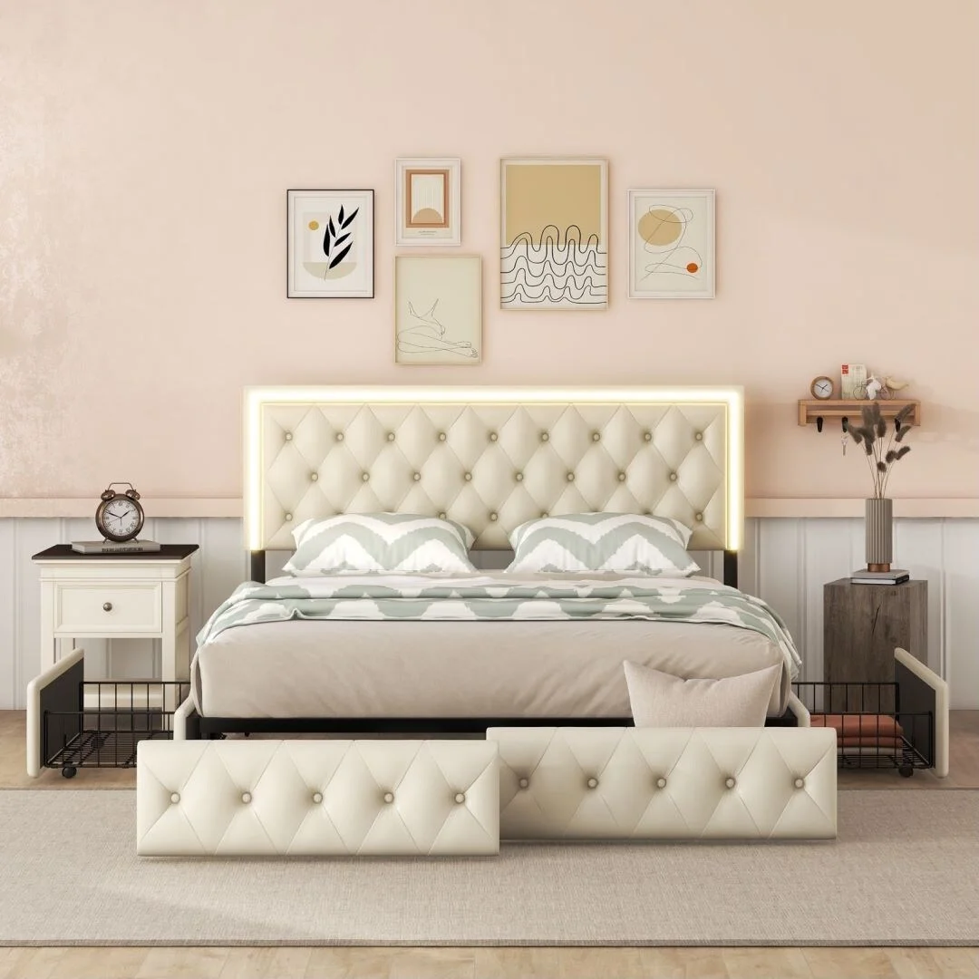 PU Leather Queen Bed Frame with 4 Storage Drawers and LED Headboard Beige