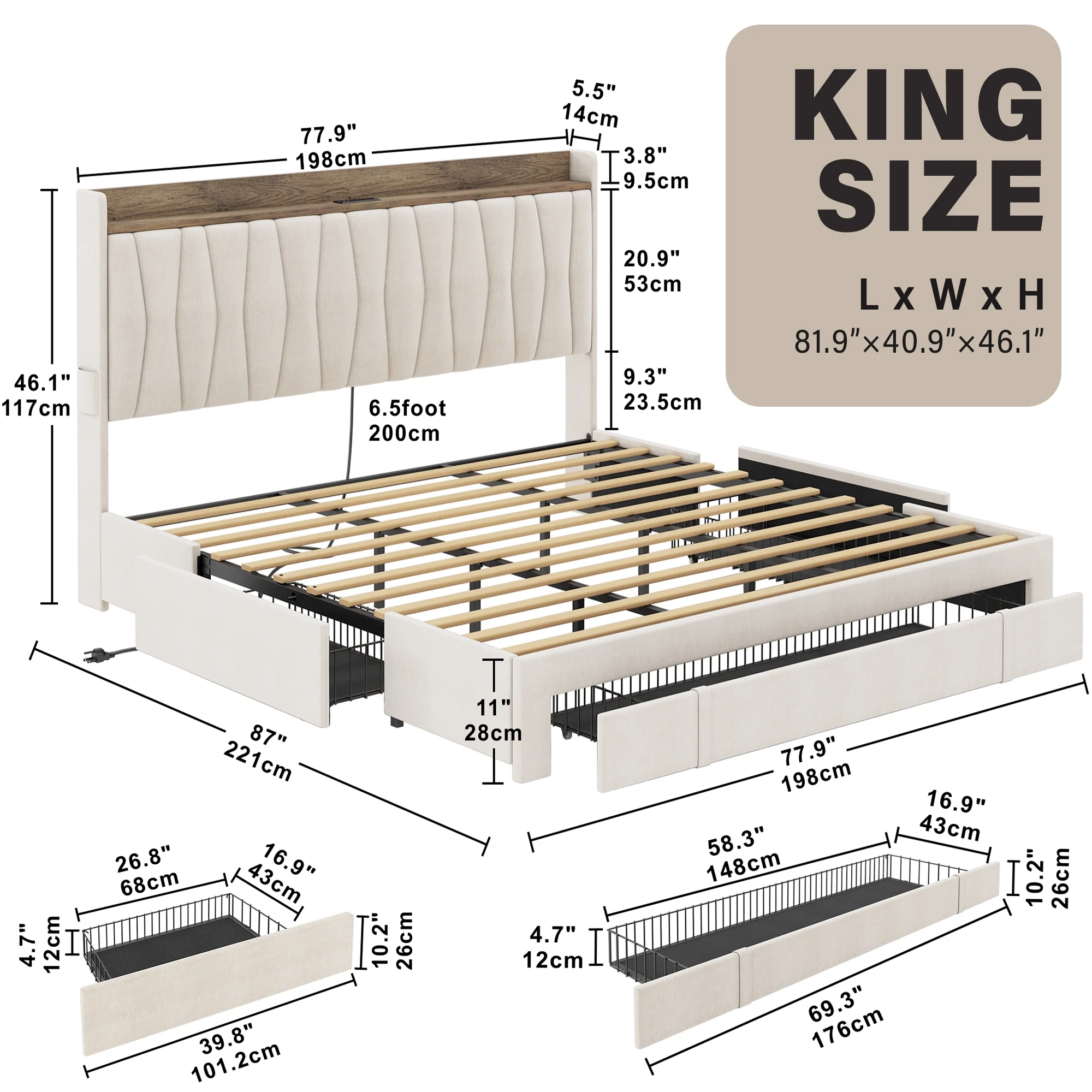 ANCTOR King Size Bed Frame with 3 Drawers, Upholstered Storage Headboard and Charging Station, No Box Spring Needed, Easy Assembly