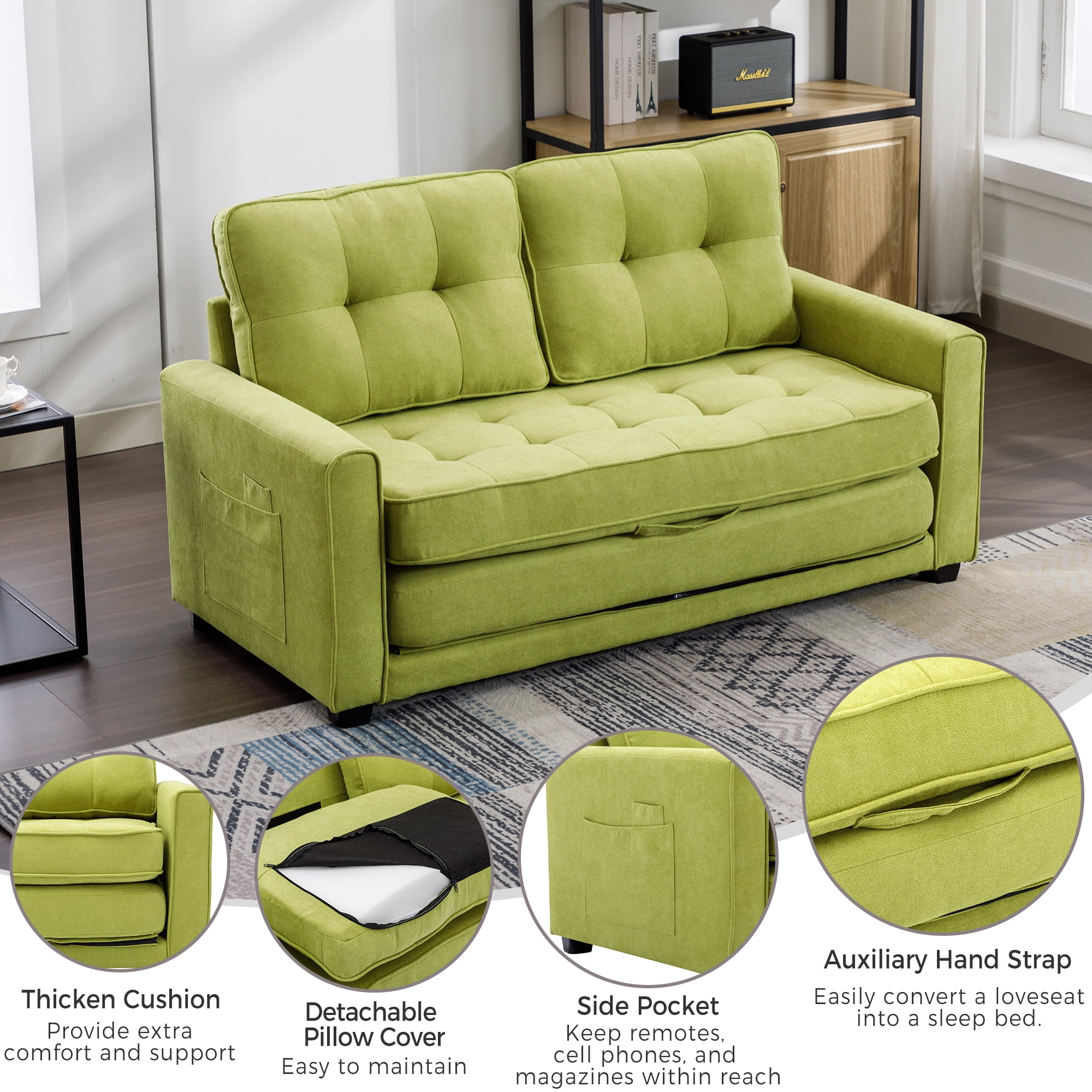 Churanty Convertible Sofa Bed Pull Out Sleeper Loveseat Sofa Chenille Upholstered Couch with Side Pockets for Small Space,Green