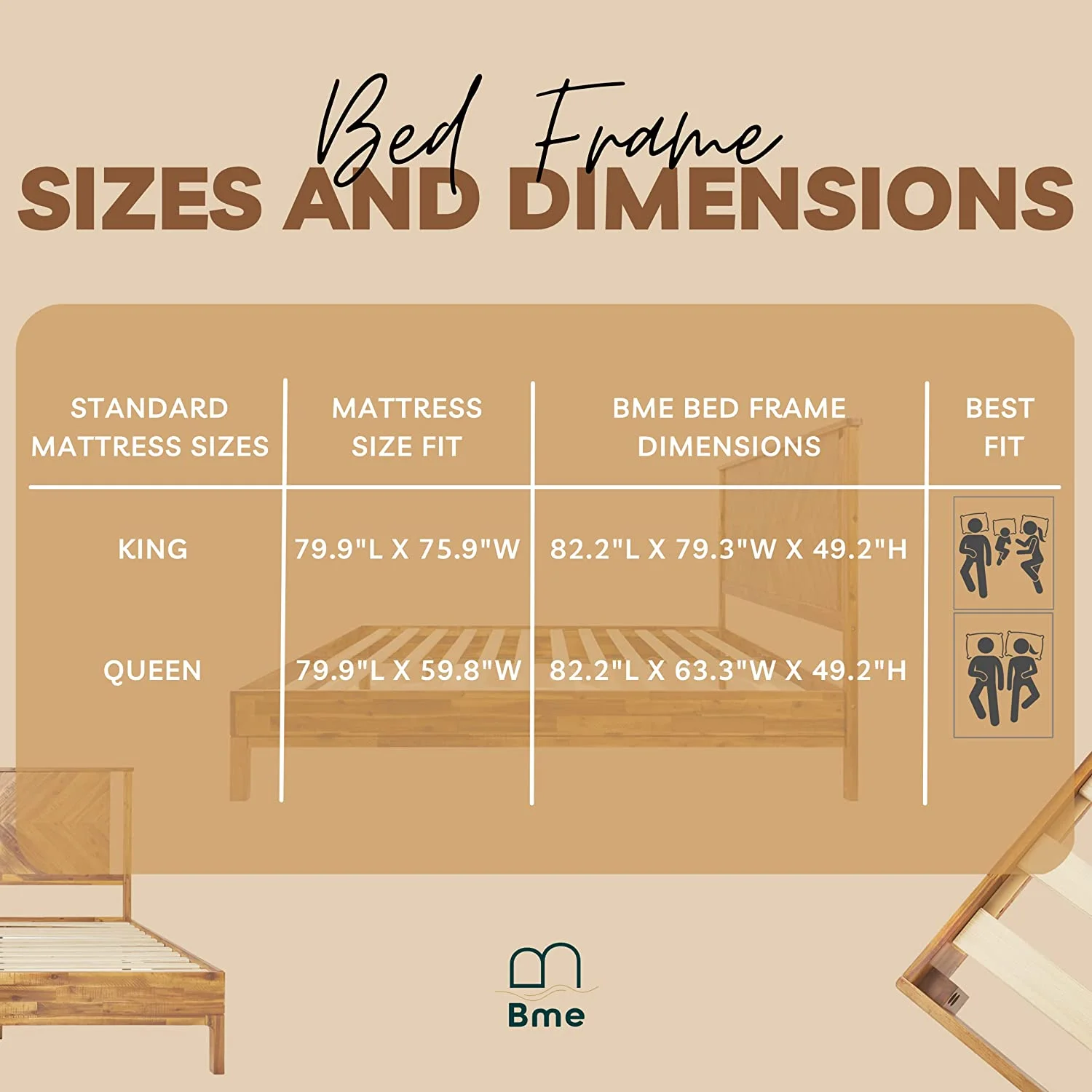 Bme King Size | Vivian 79x82x14in Deluxe Bed Frame with Headboard, Rustic Style, Solid Acacia Wood
