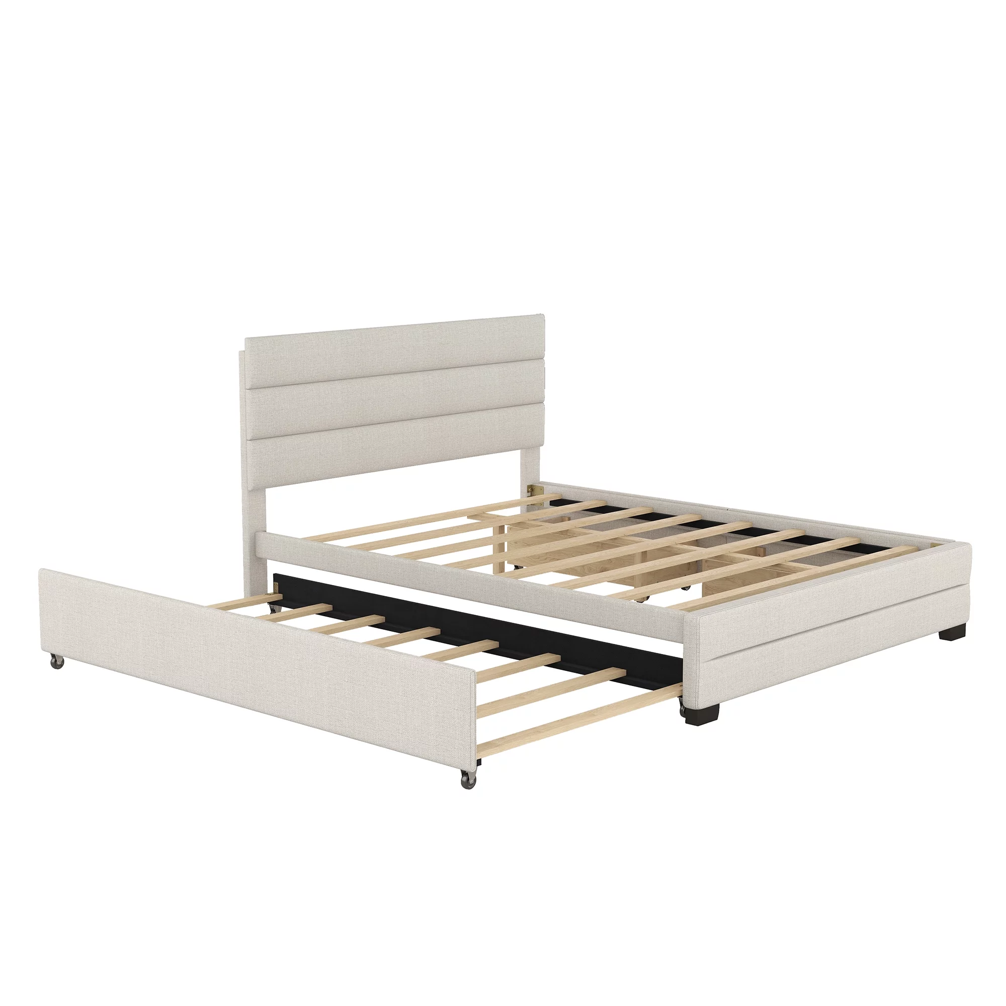 Royard Oaktree Queen Size Storage Bed Platform Bed Upholstered Queen Bed Frame with Headboard,2 Drawers and Trundle,Linen Fabric,No Box Spring Needed,Beige