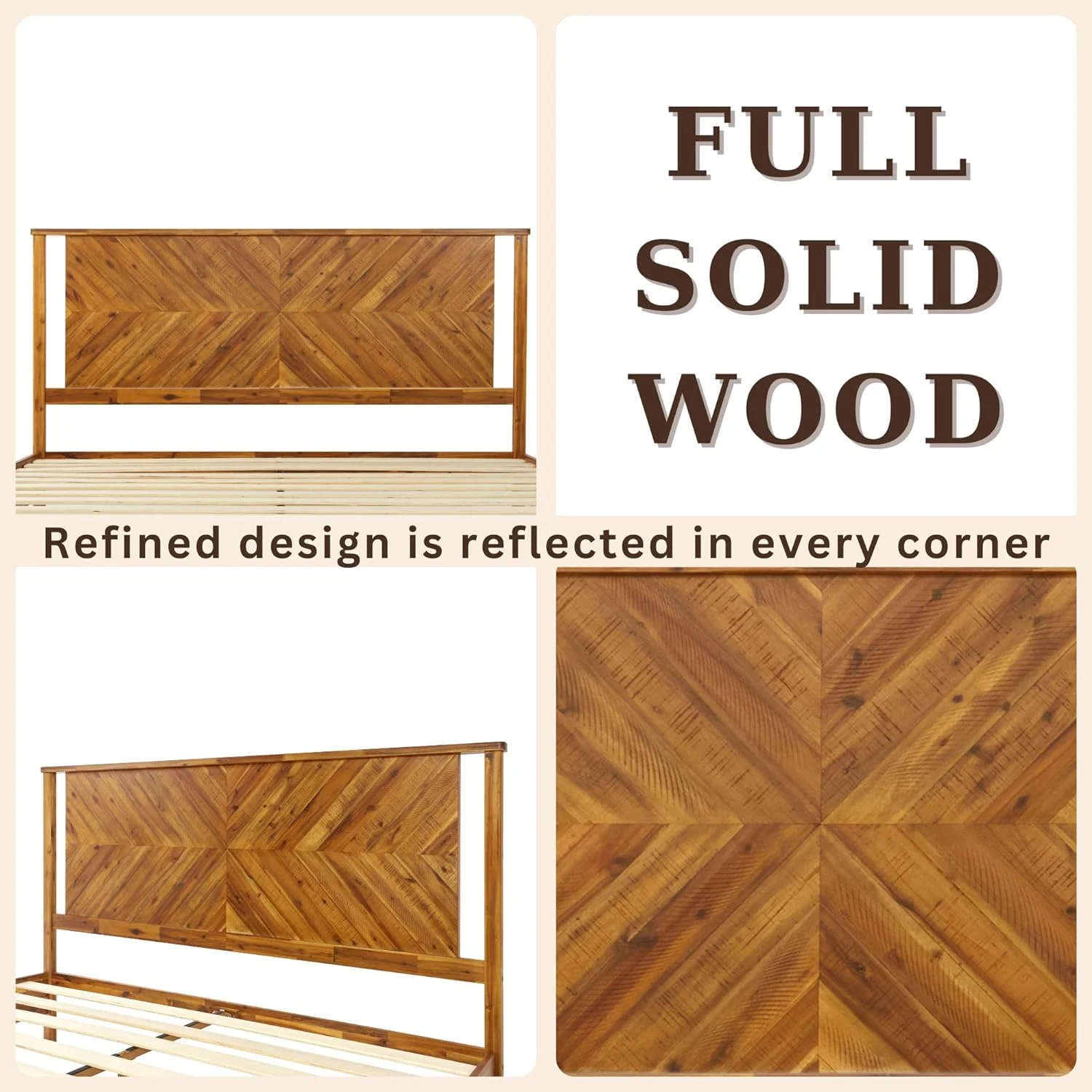 Bme King Size | Vivian 79x82x14in Deluxe Bed Frame with Headboard, Rustic Style, Solid Acacia Wood