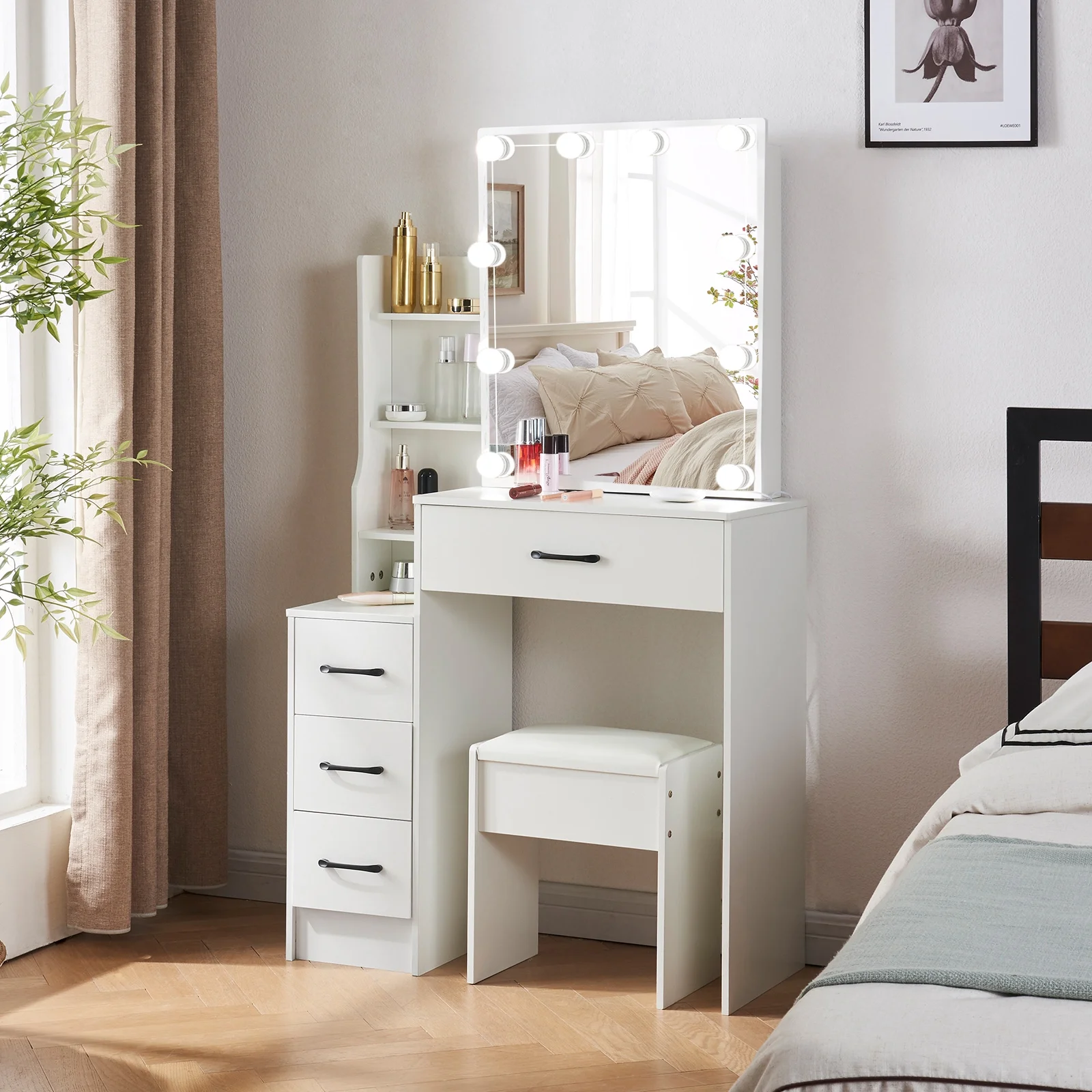 Yamissi Modern Makeup Vanity with LED Lighted Mirror and Stool, Vanity Table with USB Ports for Bedroom, Vanity Desk with Storage Shelves & Drawers, White